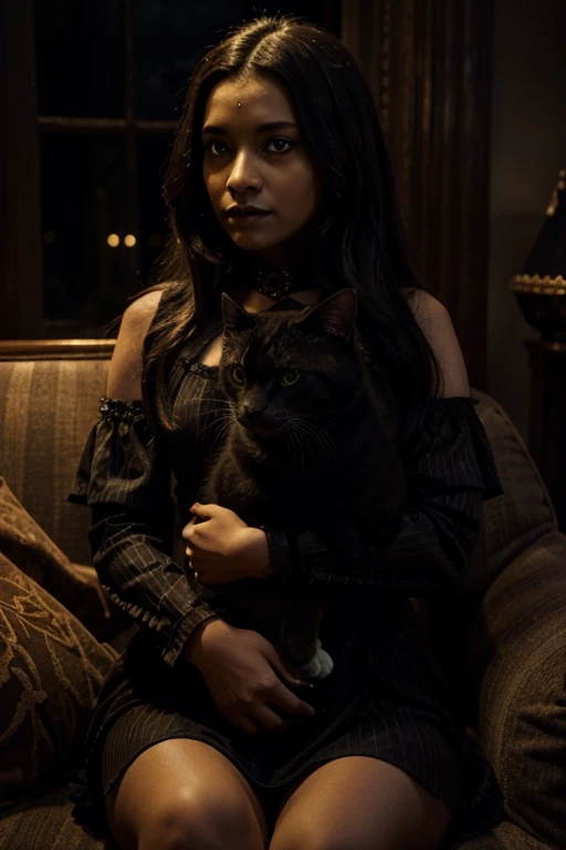 renaissance, dramatic, volumetric, brown skin lady, looking front, holding black munchkin cat with grey stripes with yellow eyes on lap, gothic dark fantasy, glowing lights