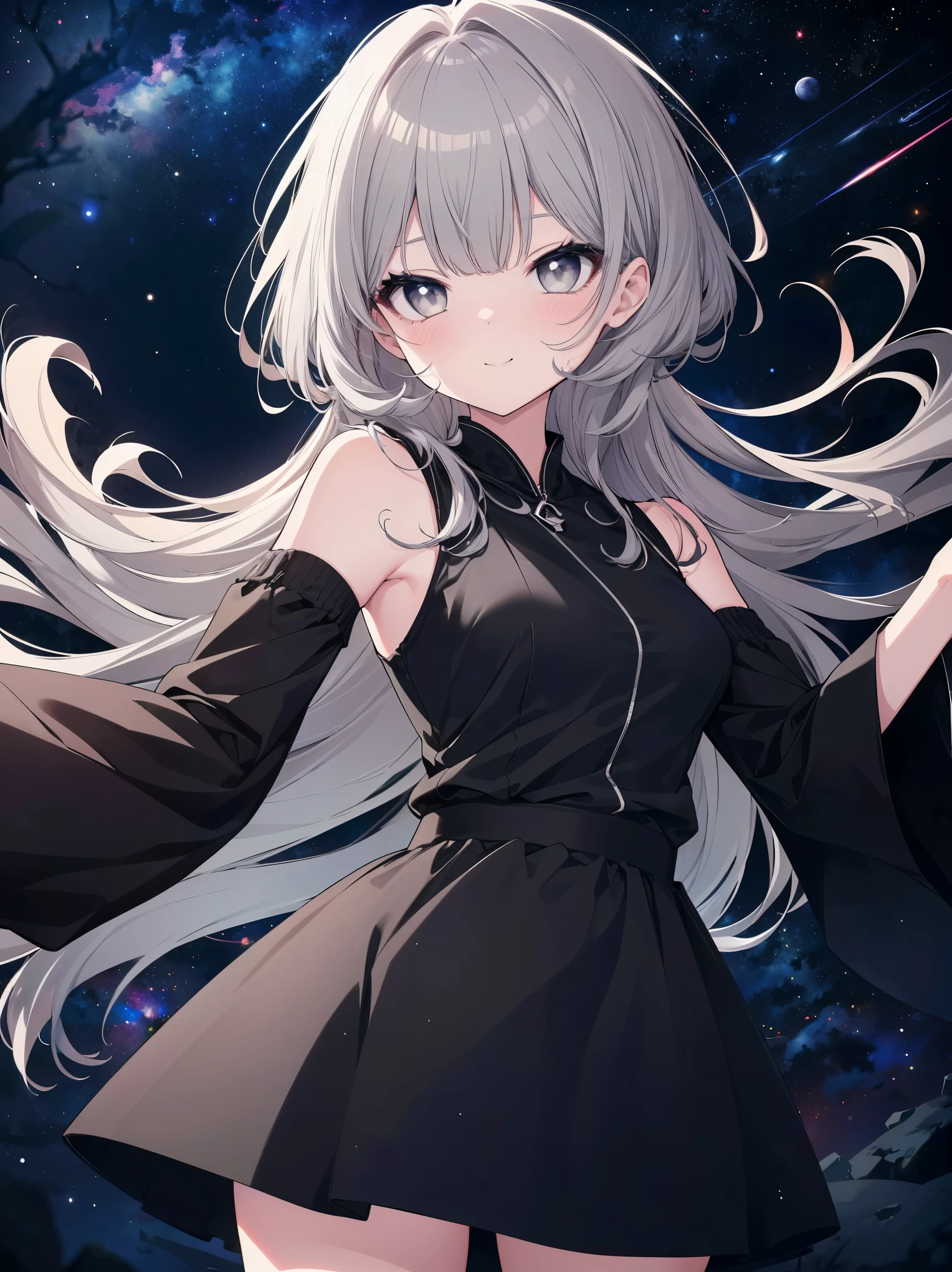 (cowboy shot), (best quality,ultra high resolution,depth of field:1.2), beautiful face,1girl,medium breasts, (gray hair:1.3), innocent smile, natural makeup, space background, stars_sky, moonlight, night, つきみりん,  Tsukimirin, simple background