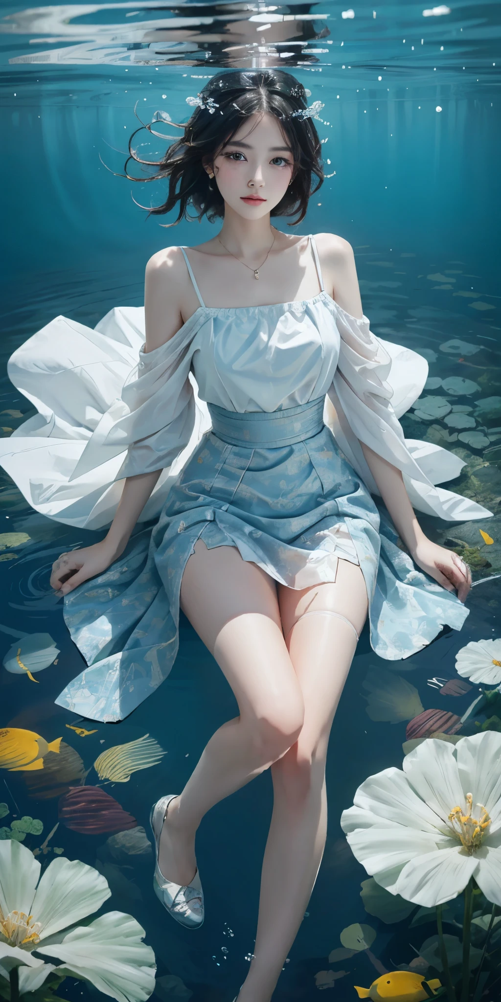 Sweet girl clothes5,high-waist skirt,jewelry,thighhighs,  best quality，masterpiece，ultra high resolution，Clear face,（Realism：1.4），RAW photos，cold light，woman wearing transparent dress underwater，Full body image，wallpaper anime blue water，Gurwitz-style artwork，Close-up fantasy of water magic，author：Yang Jie，Gurwitz，A beautiful artistic illustration，Water Nymphs，Beautiful digital artwork，Beautiful digital illustration，Li Song，A beautiful anime portrait，Bovo&#39;s art style