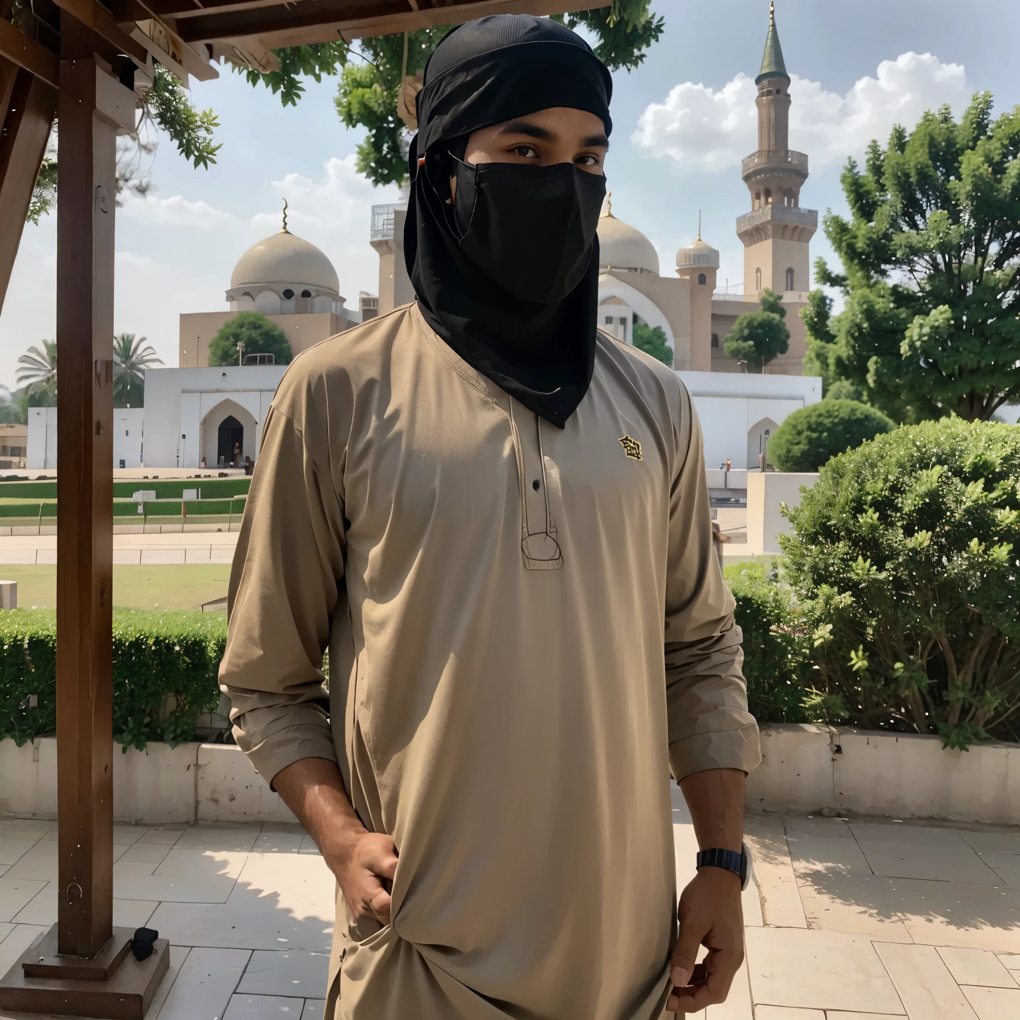A young Muslim man, wearing a Muslim cap, koko shirt and handsome, behind him there is a beautiful view of the mosque
