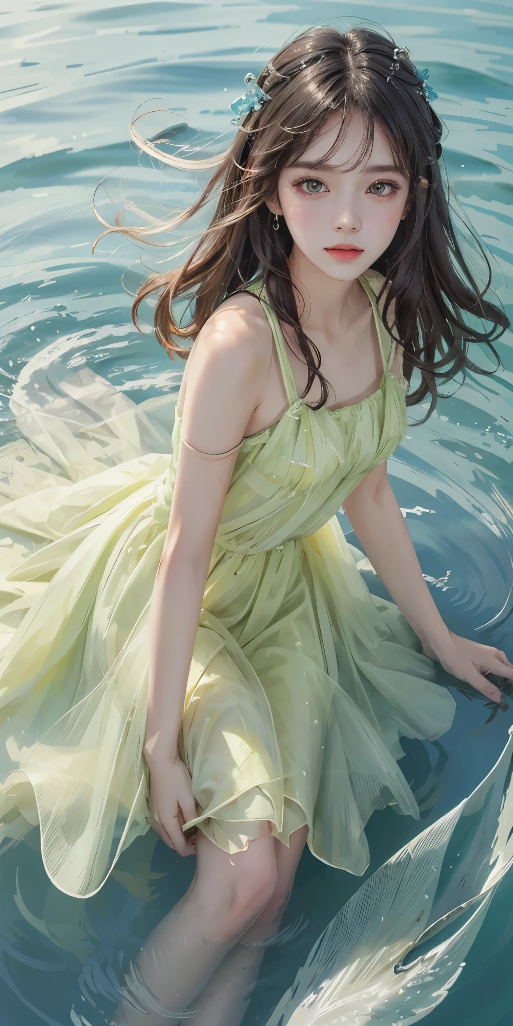 Sweet girl clothes9,yellow dress,  best quality，masterpiece，ultra high resolution，Clear face,（Realism：1.4），RAW photos，cold light，woman wearing transparent dress underwater，Full body image，wallpaper anime blue water，Gurwitz-style artwork，Close-up fantasy of water magic，author：Yang Jie，Gurwitz，A beautiful artistic illustration，Water Nymphs，Beautiful digital artwork，Beautiful digital illustration，Li Song，A beautiful anime portrait，Bovo&#39;s art style