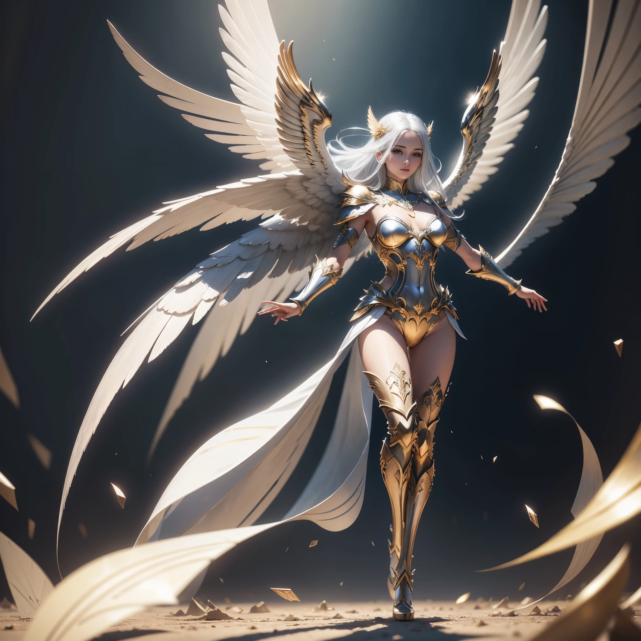 Solo, full body, an angel with beautiful clothes, flying, diamond, gold and silver armor parts, 8k, artwork, realistic photography, award-winning photography, beautiful image, best quality, defined wings, bright, gleaming, nice image, supreme beauty, sapphire wings, shiny silver hair