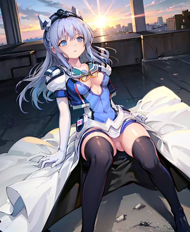 highest quality,sleep on your back in bed，Symphony_sugar,light blue hair,navy blue eyes,hair ornaments,long hair,White Long_glove,Light blue short dress,black pantyhose,high heels, ultraman bodysuit,show me your boots，thigh high boots，leotard peep，glove，elegant, 1 girl, cute, blushed, looking at the viewer, from below, prison，blue eyes, beautiful eyes, beautiful background, particles of light, Light of the sun, dramatic lighting, outside, shiny, realistic, highest quality, Super detailed, get used to it, scenery, beautiful and detailed eyes, thin hair，full body shot，