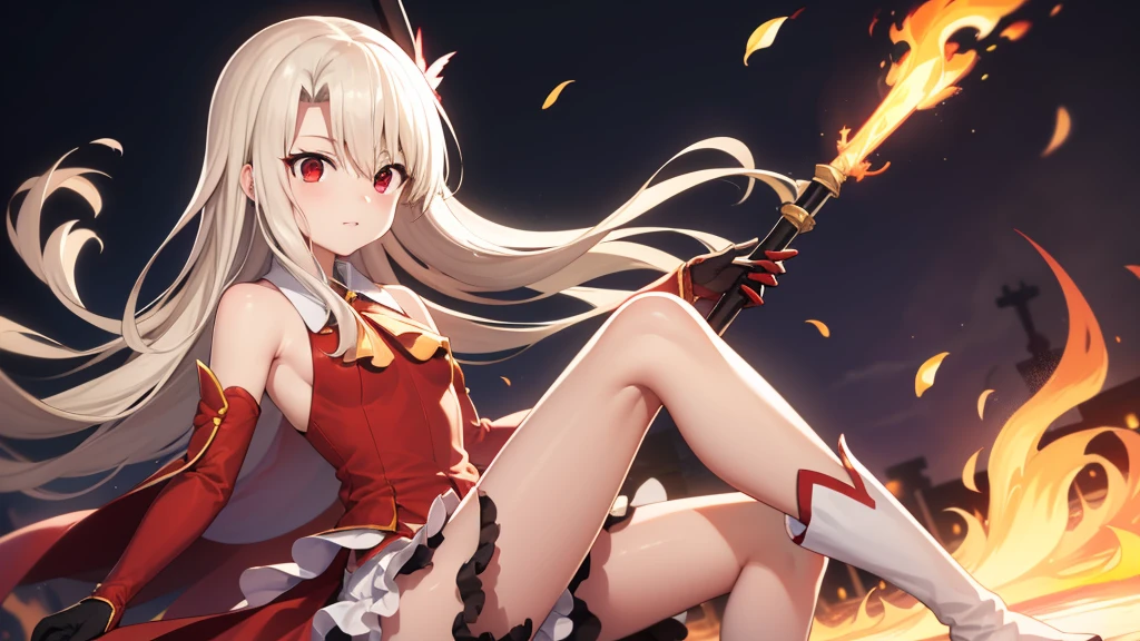 Illyasviel von Einzbern, blonde hair, hair between eyes, long hair, (red eyes:1.5),cool girl boots, Detached sleeves, red gloves，red skirt，Red Flame Mad God，Flame falls from heaven，Flame Ax，field of strength，(beautiful and delicate eyes)