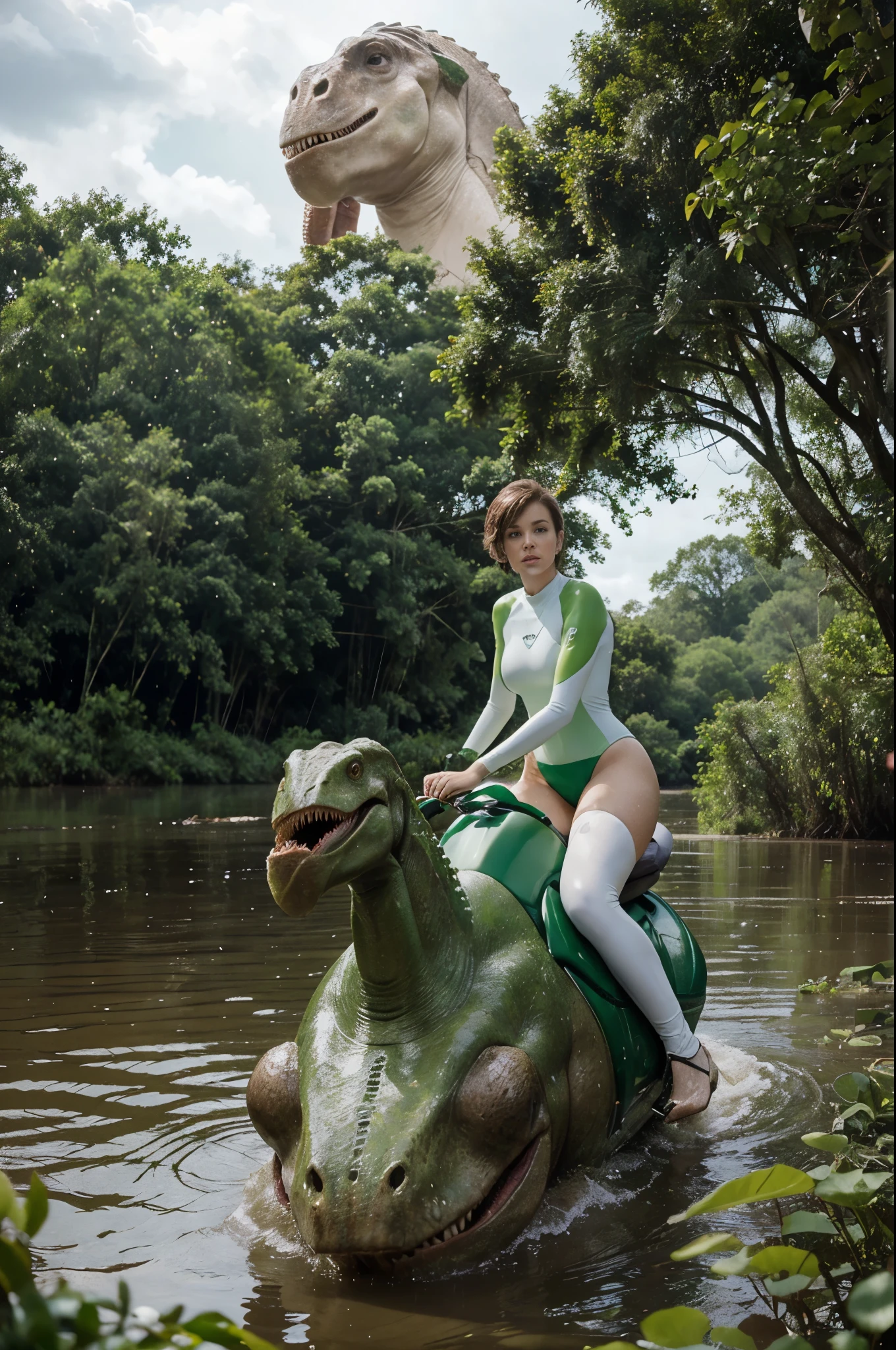 A beautiful white-skinned woman in a green wetsuit with short brown hair rides a dinosaur in an overgrown swamp, view from water level, Mainly cloudy, It's raining