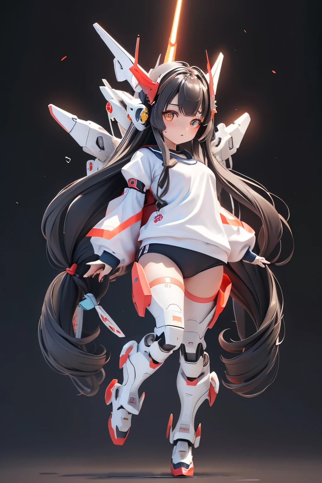 (highest quality)), ((masterpiece)), (very detailed: 1.3), 3D, {(1 young girl)}, (wear navy buruma and white gym uniform with colored hem under armor:1.2), (black hair:1.5), (She is fused with futuristic Gundam mecha:1.2), with headgear, with v-fin , armored shoulders,armored under arms, armored under legs, short sleeve, attached 2 huge weapons on back, legs mounted weapon module, multilayer textureperfect proportions, octane rendering, duotone lighting, Low ISO, wide aperture, White balance, Rule of thirds, ultra HD16k, HDR (High Dynamic Range), Ray Tracing, NVIDIA RTX, Super Resolution, Subsurface Scattering, PBR Texturing, Post Processing, Anisotropic Filtering, Depth of Field, Maximum Clarity and Clarity, High efficiency subpixel, subpixel convolution, particles of light, light scattered, Tyndall effect, full body:1.5, battle pose, cute, (cute:1.2), (long hair:1.3),太い眉毛, 薄い色の虹彩, 大きくて輝いている黒い瞳, 長いまつげ, 小さく薄い色の自然な唇, (Average face of Japanese idols), (日本人特有の童顔:1.3), (baby face), 広いおでこ:1.2, ふっくらした頬, 小さな顎, in the hangar,looking at viewer,Focus on the eyes , (完璧な4本の指, 親指1本),
