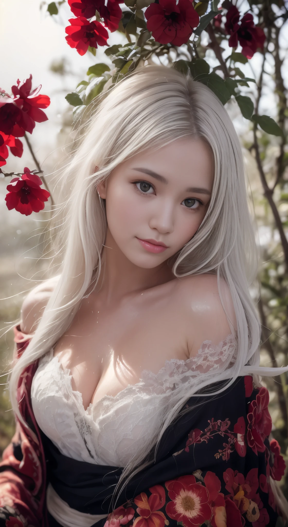 1girl,solo,1girl,solo,((beautiful detailed eyes)), (detailed light),depth of field,(white hair),silver eyes,hair over one eye,(red flower ), hair flower,long hair,black off-shoulder kimono,wet,emotionless,looking back,night,starfall,raining,fog,red flowers falling,sketch,upper body,intense shadows,