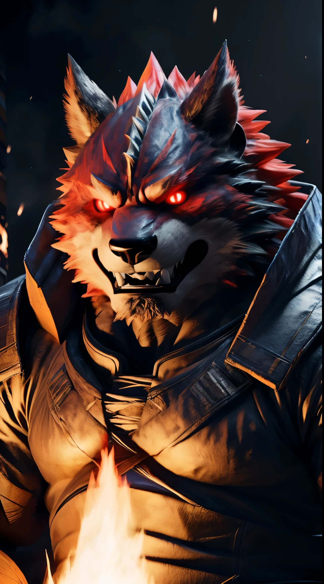 (best quality,16k,32k,high resolution,masterpiece:1.2),Super detailed,(actual,photoactual,photo-actual:1.37),(Ultimate Orochi Yujiro) glowing red eyes actual fire background of totally destroyed USA alone looking at the camera serious expression.