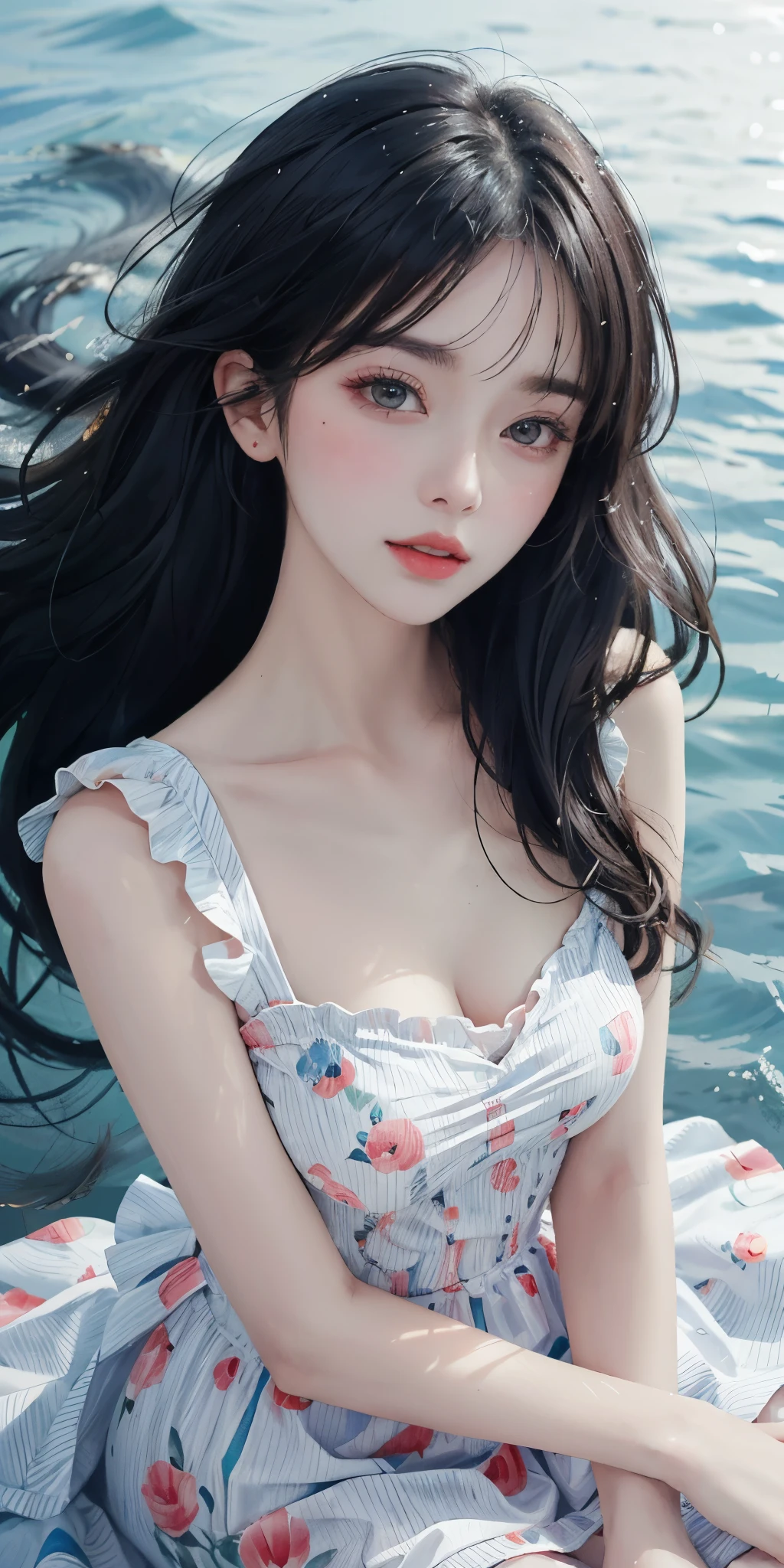 Sweet girl clothes6,print dress,, best quality，masterpiece，ultra high resolution，Clear face,（Realism：1.4），RAW photos，cold light，woman wearing transparent dress underwater，Full body image，wallpaper anime blue water，Gurwitz-style artwork，Close-up fantasy of water magic，author：Yang Jie，Gurwitz，A beautiful artistic illustration，Water Nymphs，Beautiful digital artwork，Beautiful digital illustration，Li Song，A beautiful anime portrait，Bovo&#39;s art style