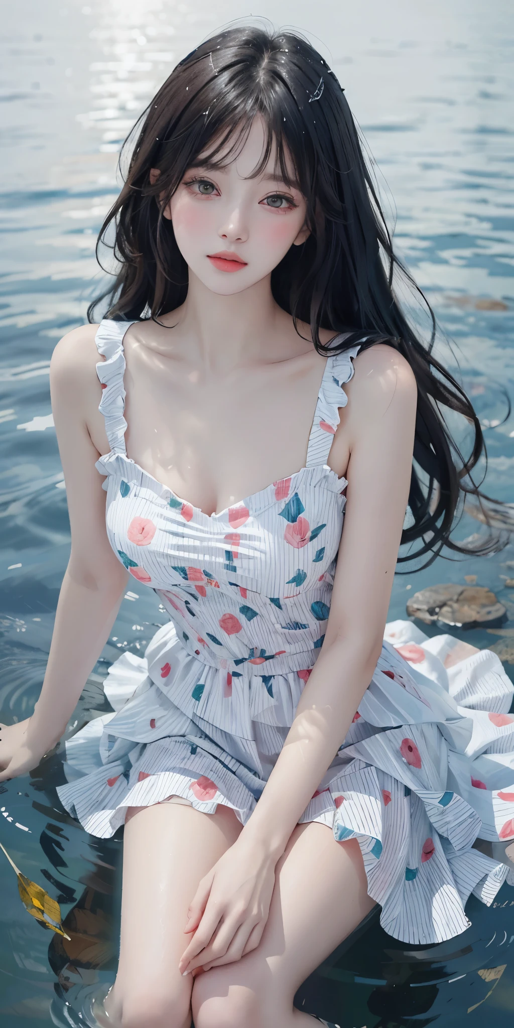 Sweet girl clothes6,print dress, (knee shot) best quality，masterpiece，ultra high resolution，Clear face,（Realism：1.4），RAW photos，cold light，woman wearing transparent dress underwater，wallpaper anime blue water，Gurwitz-style artwork，Close-up fantasy of water magic，author：Yang Jie，Gurwitz，A beautiful artistic illustration，Water Nymphs，Beautiful digital artwork，Beautiful digital illustration，Li Song，A beautiful anime portrait，Bovo&#39;s art style