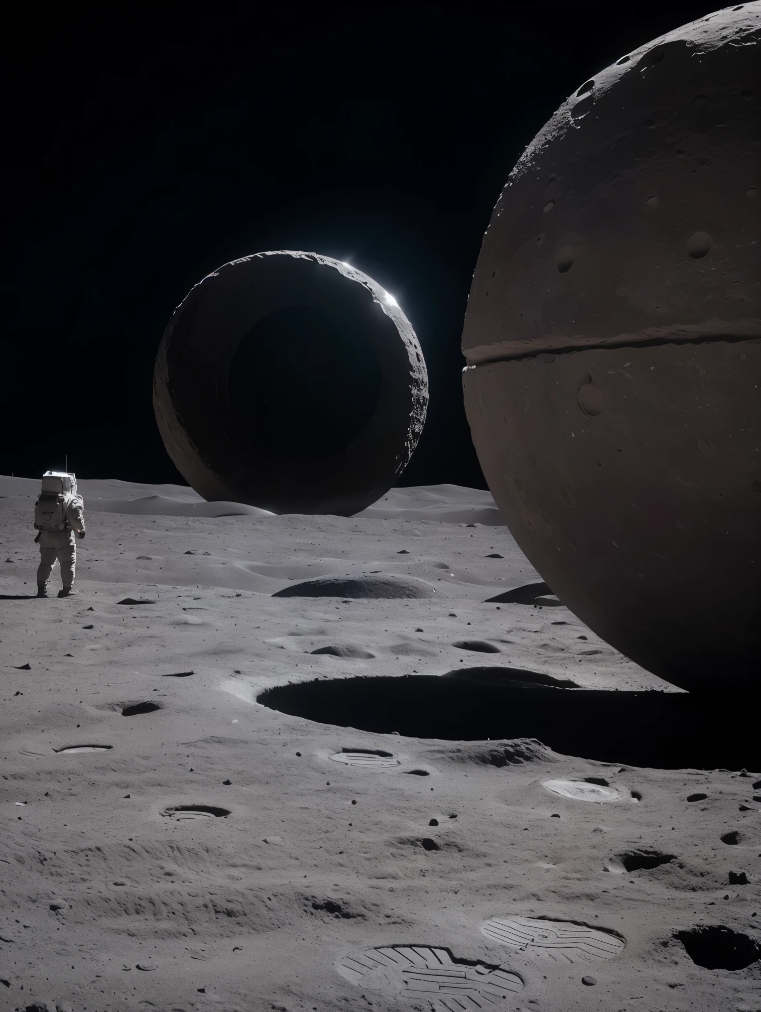 A giant vertical circular stone stargate on the surface of the moon.Masterpiece. UHD.