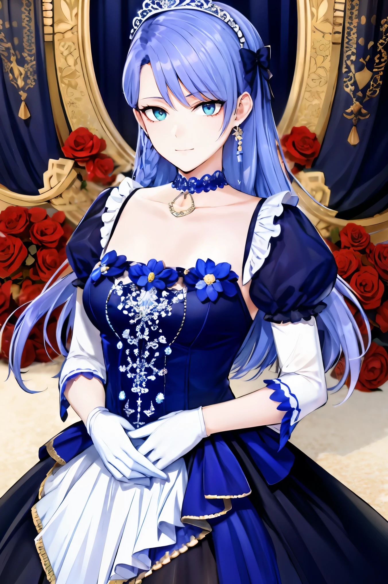 shoujo-style, jk style, (floral background), romance manhwa, (lobelia), 1girl, solo, braid, flower, dress, tiara, white dress, gloves, long sleeves, choker, mascara, makeup, white gloves, black bow, black flower, bow, jewelry, looking at viewer, collarbone, puffy sleeves, silver accessories, upper body, bangs, blue dress, frills, closed mouth, detailed eyes, cowboy shot