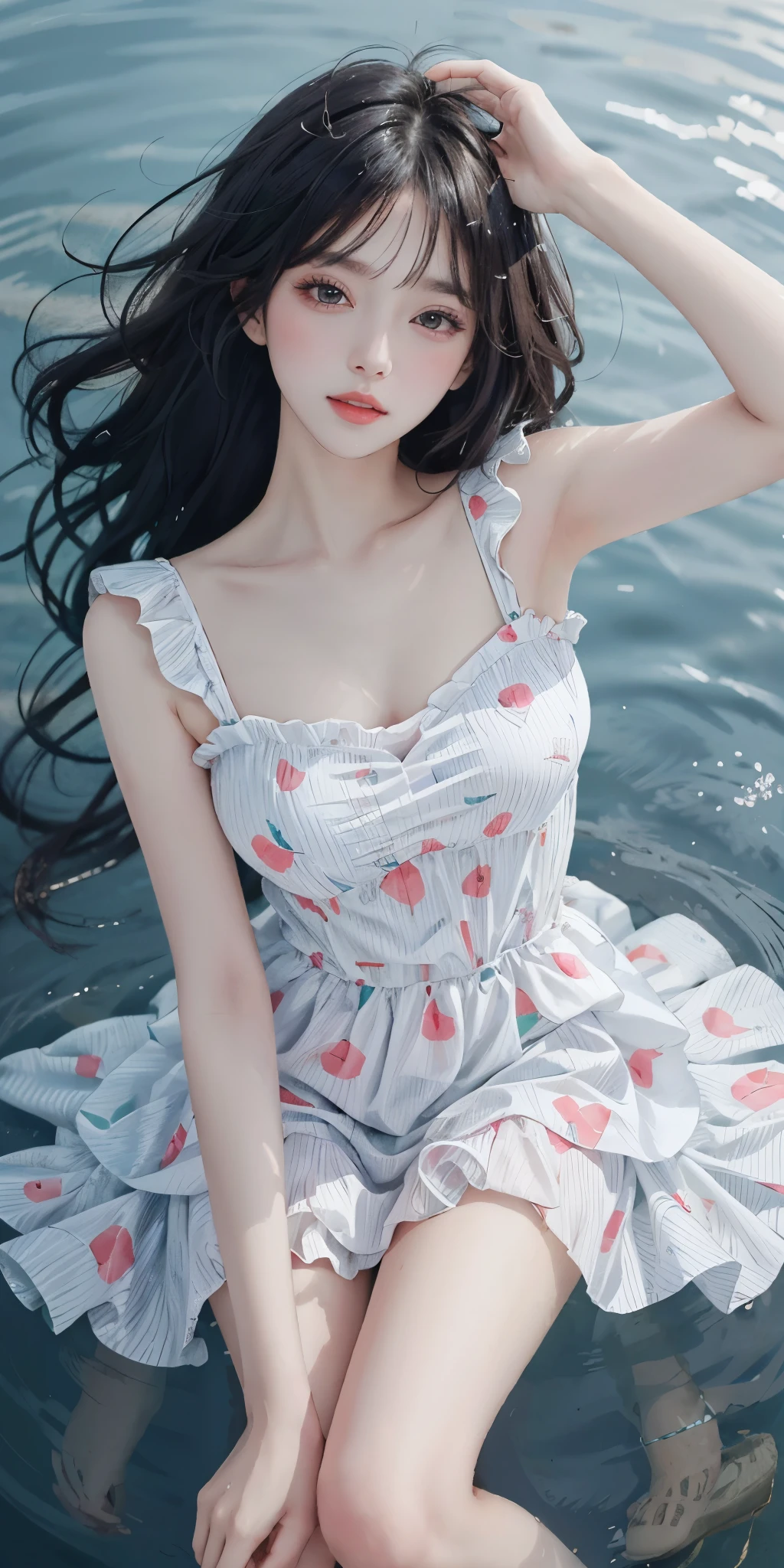 Sweet girl clothes6,print dress, (knee shot) best quality，masterpiece，ultra high resolution，Clear face,（Realism：1.4），RAW photos，cold light，woman wearing transparent dress underwater，wallpaper anime blue water，Gurwitz-style artwork，Close-up fantasy of water magic，author：Yang Jie，Gurwitz，A beautiful artistic illustration，Water Nymphs，Beautiful digital artwork，Beautiful digital illustration，Li Song，A beautiful anime portrait，Bovo&#39;s art style