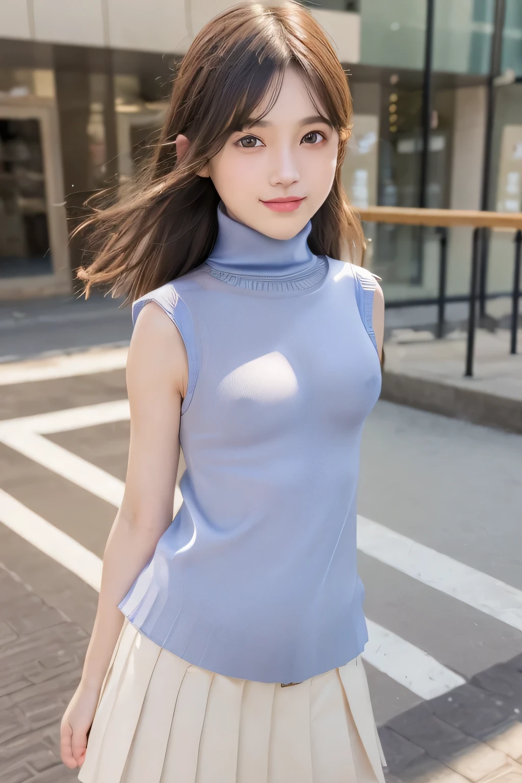 pieces fly、masterpiece、highest quality、Super detailed、High resolution、High resolution、Detailed CG、unity 8k wallpaper、realistic、shiny skin、（20-year-old:1.5）、(cute:1.2)、High resolution、beautiful clear eyes、delicate face、nice lips、thin waist、thin legs、1 girl、(Sleeveless sweater with turtleneck:1.4)、(pleated skirt:1.3)、(Nipples stand out even through clothes:1.8)、(stop temporarily)、((flat chest:1.8))、(Shopping mall:1.3)、(smile:1.2)、(small breasts:1.6)
