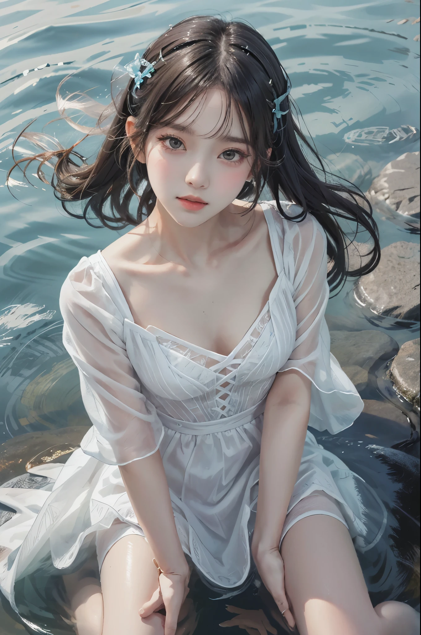 Special clothes58,white dress,pantyhose,green ribbon,striped,, (knee shot) best quality，masterpiece，ultra high resolution，Clear face,（Realism：1.4），RAW photos，cold light，woman wearing transparent dress underwater，wallpaper anime blue water，Gurwitz-style artwork，Close-up fantasy of water magic，author：Yang Jie，Gurwitz，A beautiful artistic illustration，Water Nymphs，Beautiful digital artwork，Beautiful digital illustration，Li Song，A beautiful anime portrait，Bovo&#39;s art style