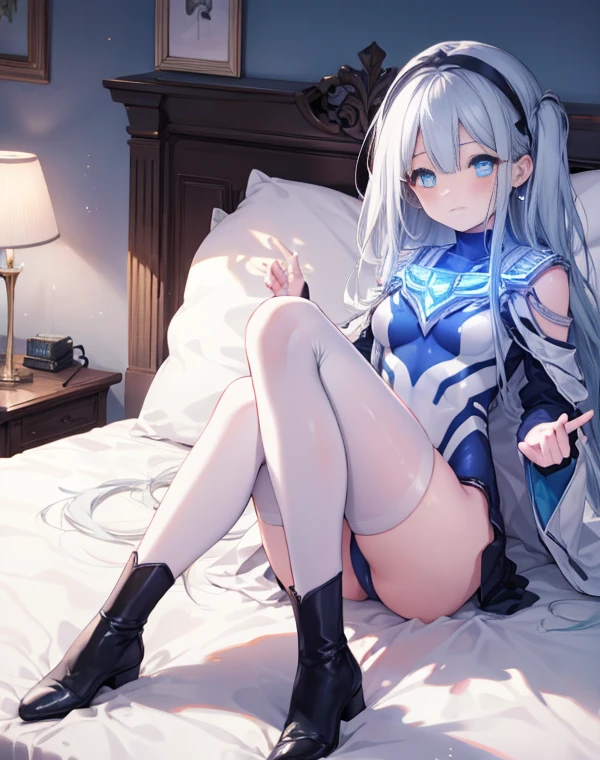 highest quality,sleep on your back in bed，Symphonic_Sugar,light blue hair,navy blue eyes,hair ornament,long hair,white long_glove,light blue short dress,black pantyhose,high heel, ,Crab crotch，show me your boots，thigh high boots，Leotard sneak peek，glove，elegant, 1 girl, cute, blushed, looking at the viewer, from below, prison，blue eyes, beautiful eyes, beautiful background, particles of light, Light of the sun, dramatic lighting, outside, shiny, realistic, highest quality, Super detailed, get used to it, scenery, beautiful and detailed eyes, thin hair，full body shot，