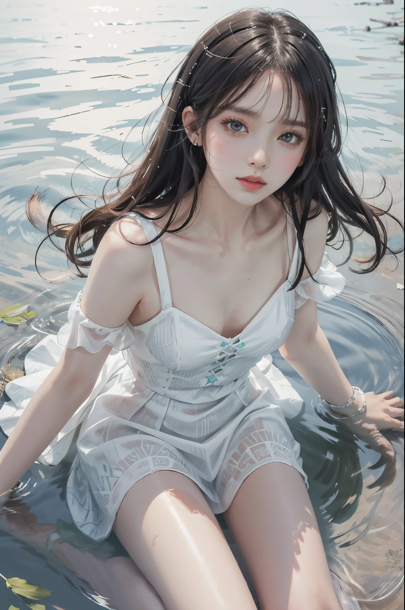 Special clothes58,white dress,pantyhose,green ribbon,striped,, (knee shot) best quality，masterpiece，ultra high resolution，Clear face,（Realism：1.4），RAW photos，cold light，woman wearing transparent dress underwater，wallpaper anime blue water，Gurwitz-style artwork，Close-up fantasy of water magic，author：Yang Jie，Gurwitz，A beautiful artistic illustration，Water Nymphs，Beautiful digital artwork，Beautiful digital illustration，Li Song，A beautiful anime portrait，Bovo&#39;s art style