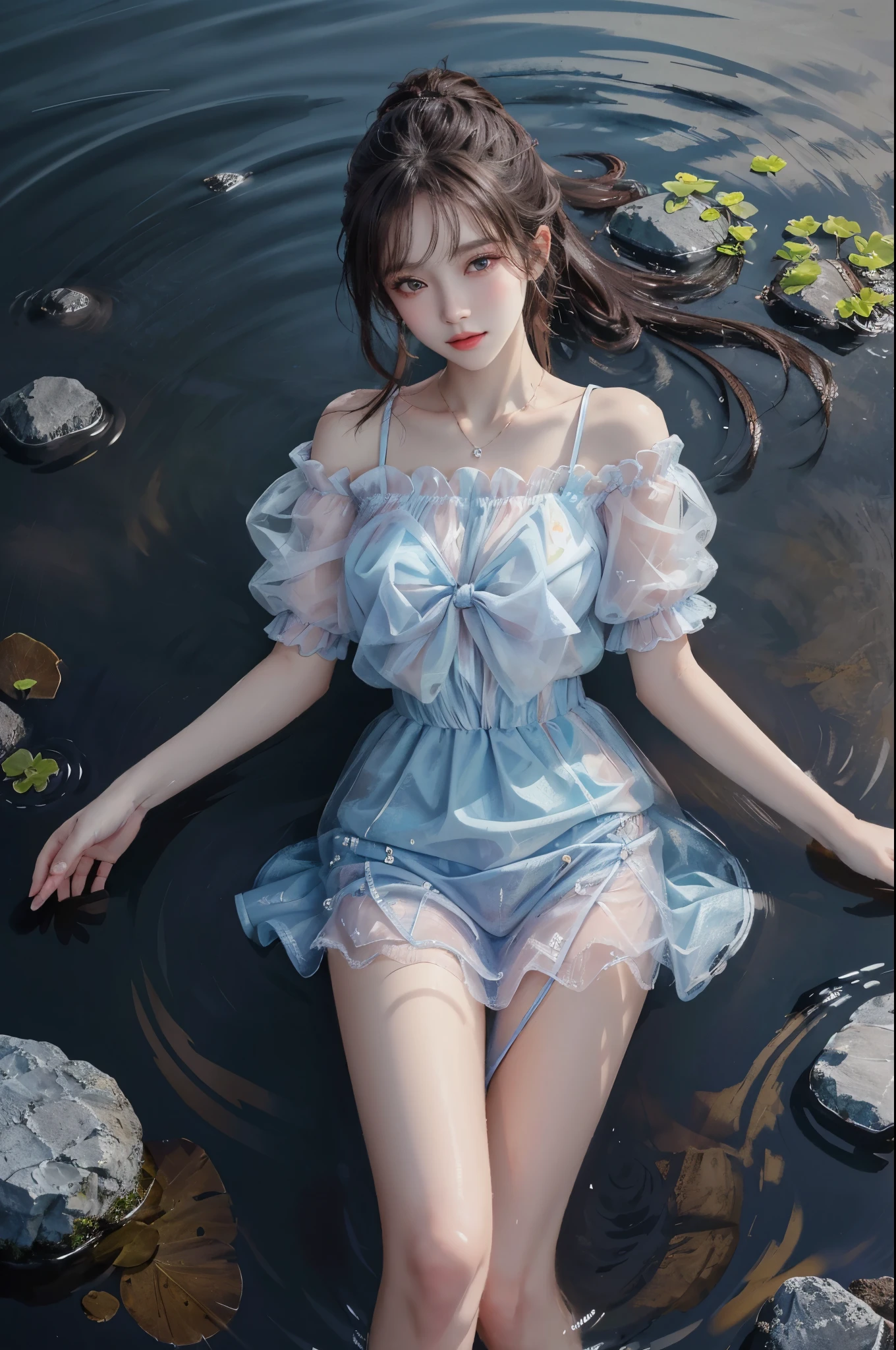 Sweet girl clothes7,skirt, (knee shot) best quality，masterpiece，ultra high resolution，Clear face,（Realism：1.4），RAW photos，cold light，woman wearing transparent dress underwater，wallpaper anime blue water，Gurwitz-style artwork，Close-up fantasy of water magic，author：Yang Jie，Gurwitz，A beautiful artistic illustration，Water Nymphs，Beautiful digital artwork，Beautiful digital illustration，Li Song，A beautiful anime portrait，Bovo&#39;s art style