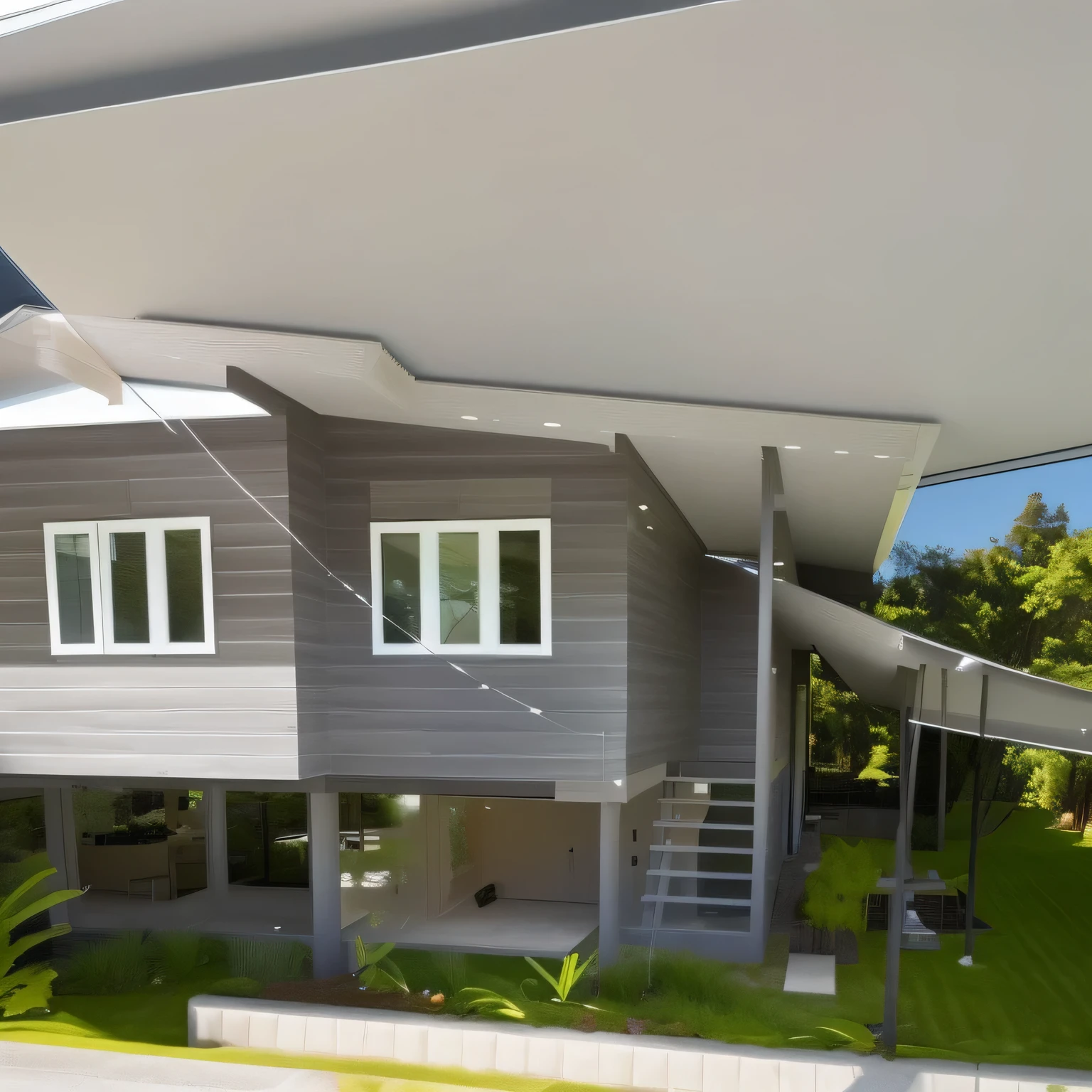 color photo of a modern and minimalist grey-colored Midcentury home. The house exudes an elegant and sophisticated vibe with its sleek lines, clean design, and neutral color palette. The exterior of the home is painted in a beautiful shade of grey, which perfectly complements the surrounding landscape. Large windows allow an abundance of natural light to flood the interior, creating a bright and airy atmosphere. The architectural details, such as the flat roof, angular shapes, and minimalistic landscaping, add to the overall contemporary aesthetic of the house. This grey Midcentury home stands as a timeless masterpiece, blending seamlessly with its surroundings.