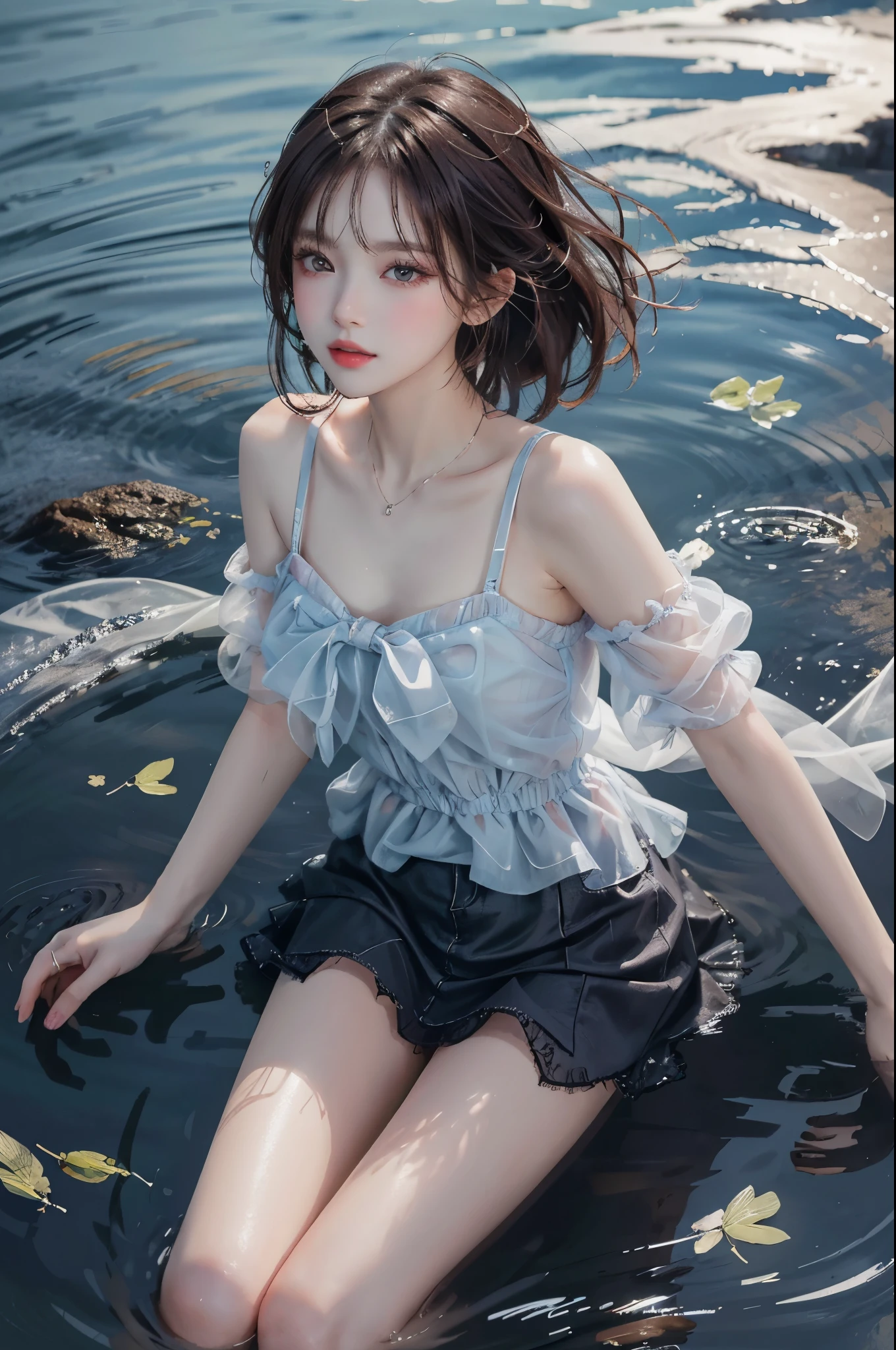 Sweet girl clothes7,skirt, (knee shot) best quality，masterpiece，ultra high resolution，Clear face,（Realism：1.4），RAW photos，cold light，woman wearing transparent dress underwater，wallpaper anime blue water，Gurwitz-style artwork，Close-up fantasy of water magic，author：Yang Jie，Gurwitz，A beautiful artistic illustration，Water Nymphs，Beautiful digital artwork，Beautiful digital illustration，Li Song，A beautiful anime portrait，Bovo&#39;s art style