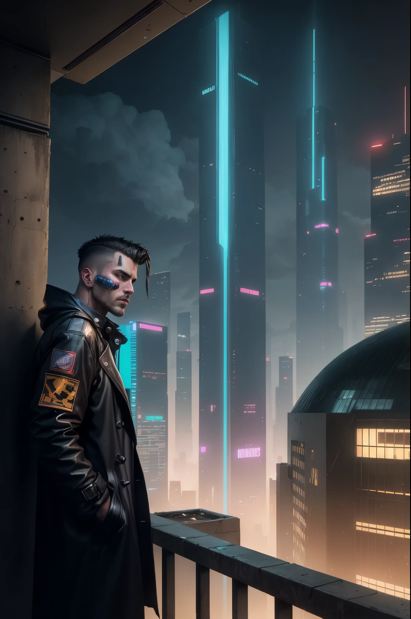 A man, cyberpunk, 45 years old, brown eyes, black hair, shaved on the sides, combed back, unshaven, wearing a dark trench coat with the collars turned up. Hands in his pockets, He is on top of a building watching the skyline at night of the cyberpunk city below in the background. He is leaning against the parapet of a building, Background futuristic cyberpunk make it realistic, Blade Runner, A super technological city with tall buildings, Buildings illuminated with colored lights, fundo escuro,8k, ultra hd