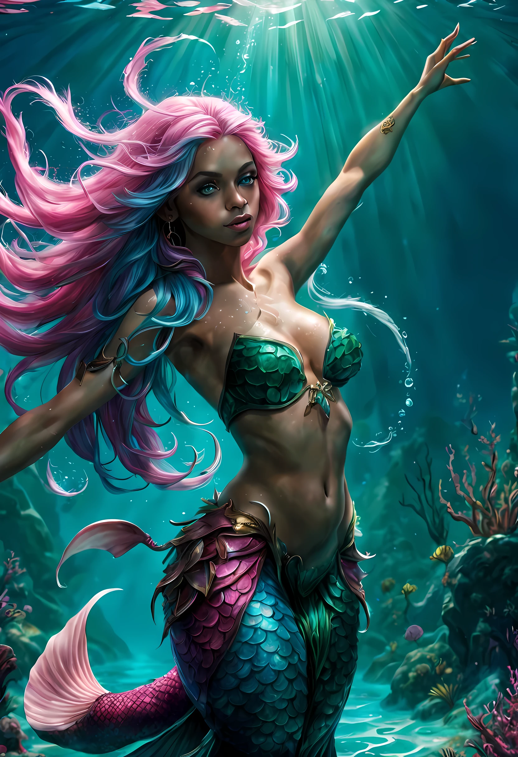 high details, best quality, 16k, [ultra detailed], masterpiece, best quality, (extremely detailed), full body, ultra wide shot, RAW, photorealistic, fantasy art, dnd art, rpg art, realistic art, an ultra wide picture of a mermaid (1.5 intricate details, Masterpiece, best quality) water mage casting ((water control spell)), water wizard ((water magic, intense magic details)), ((controlling a swirling mass of water)), magical symbols GlowingRunes_pink, female mermaid, blue skin, green hair, long hair, swirling hair, intense eyes, small pointed ears, ((blue eyes)), ((glowing eyes)), armed with magical wand, wearing sea shell clothing, beautiful mermaid, underwater background, rich underwater life, ((magical atmosphere)), fish and sea weeds, high details, best quality, highres, ultra wide angle