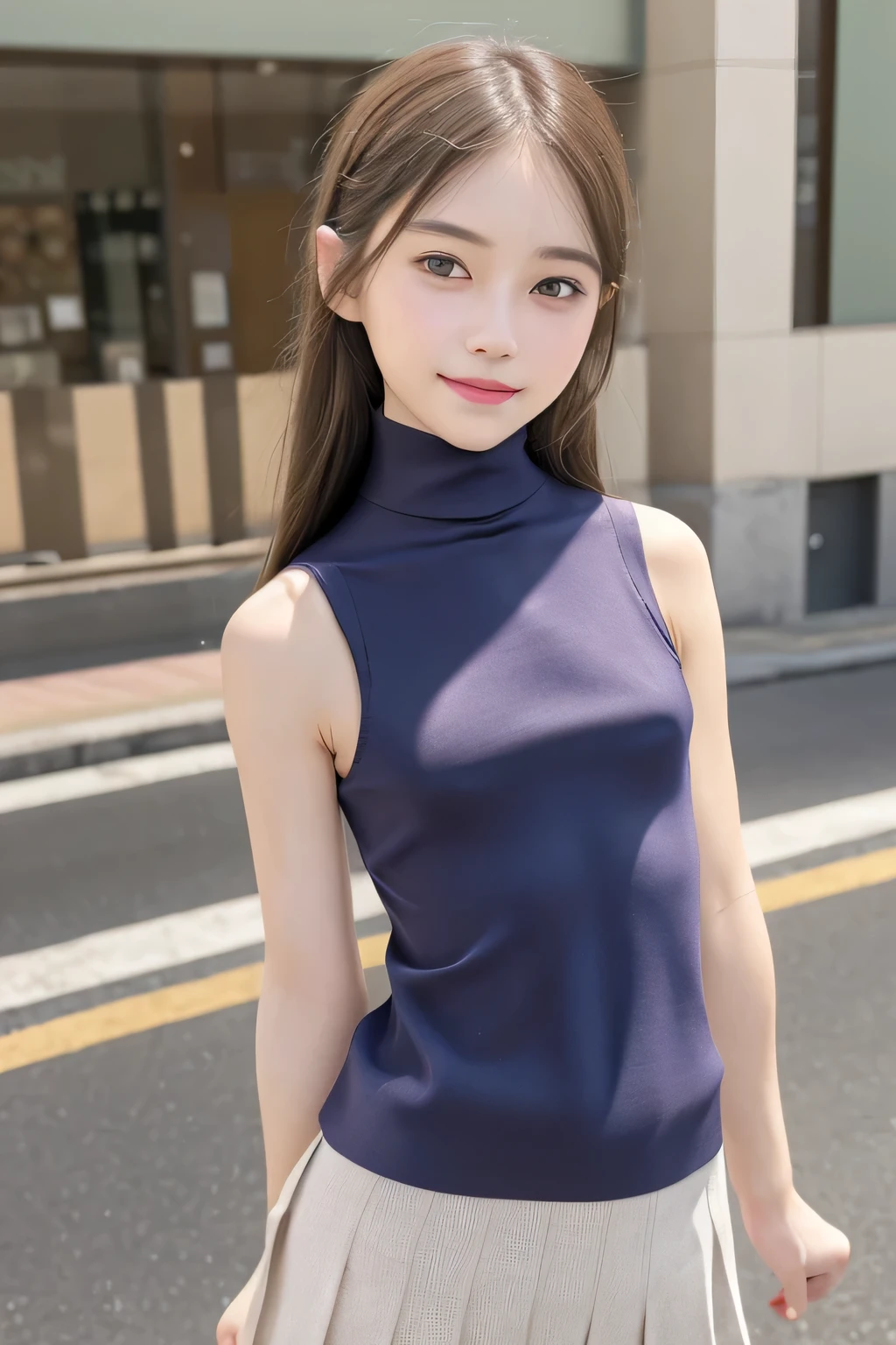 pieces fly、masterpiece、highest quality、Super detailed、High resolution、High resolution、8K portrait、unity 8k wallpaper、Detailed CG、unity 8k wallpaper、Detailed CGユニティ8kの壁紙、realistic、real person、portrait photography、shiny skin、（20-year-old:1.2）、(cute:1.2)、High resolution、beautiful clear eyes、very detailed explanation、delicate face、cute face、nice lips、thin waist、thin legs、(small face:1.6)、1 girl、(Shopping mall:1.2)、((flat chest:1.8))、(Sleeveless turtleneck knit:1.6)、(pleated skirt:1.3)、(Braless nipples:1.8)、(big smile:1.3)、(stop temporarily:1.2)、(small breasts:1.8)、(eight-headed body:1.6)