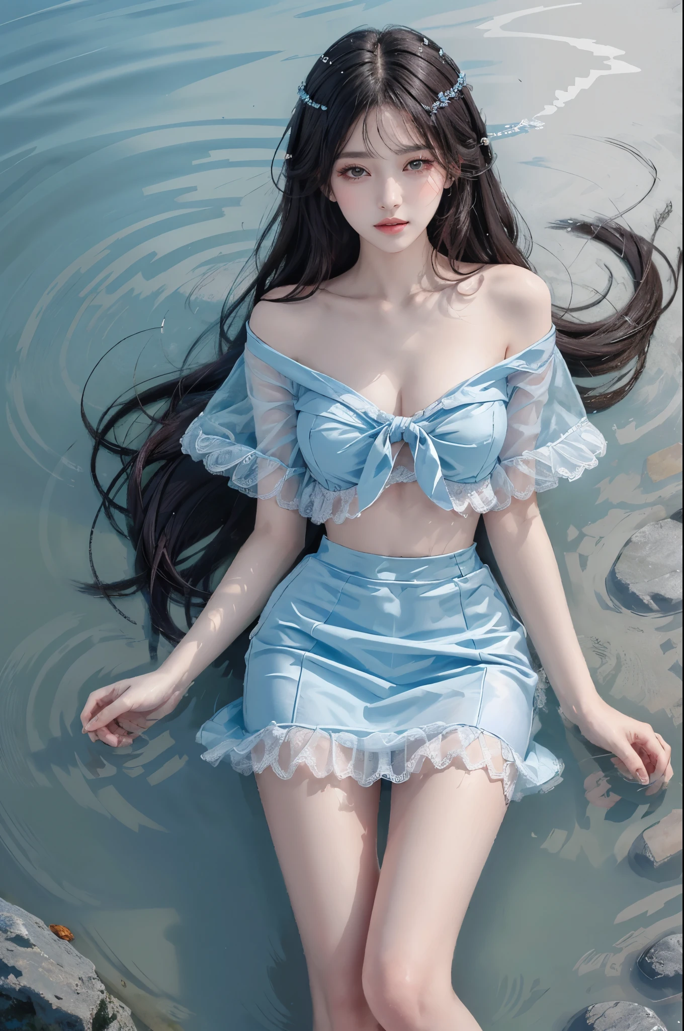 Special clothes44,lace trim,midriff,shirt,miniskirt, (knee shot) best quality，masterpiece，ultra high resolution，Clear face,（Realism：1.4），RAW photos，cold light，woman wearing transparent dress underwater，wallpaper anime blue water，Gurwitz-style artwork，Close-up fantasy of water magic，author：Yang Jie，Gurwitz，A beautiful artistic illustration，Water Nymphs，Beautiful digital artwork，Beautiful digital illustration，Li Song，A beautiful anime portrait，Bovo&#39;s art style