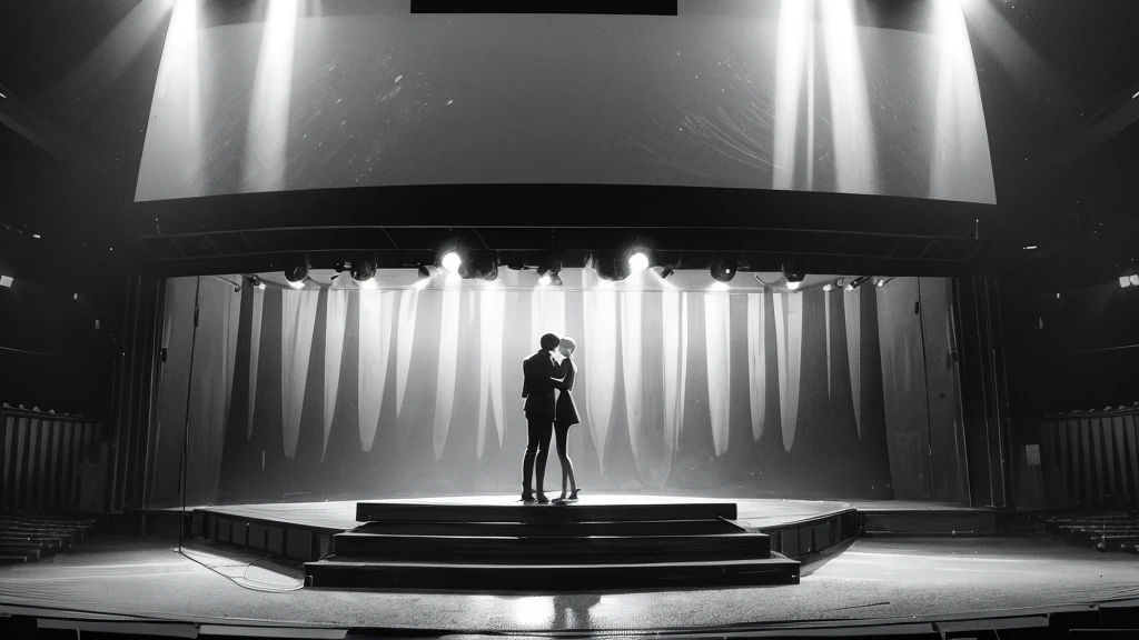 Silhouette of lovers dancing in the spotlight on the stage. No audience. Dark environment. Spotlight only.