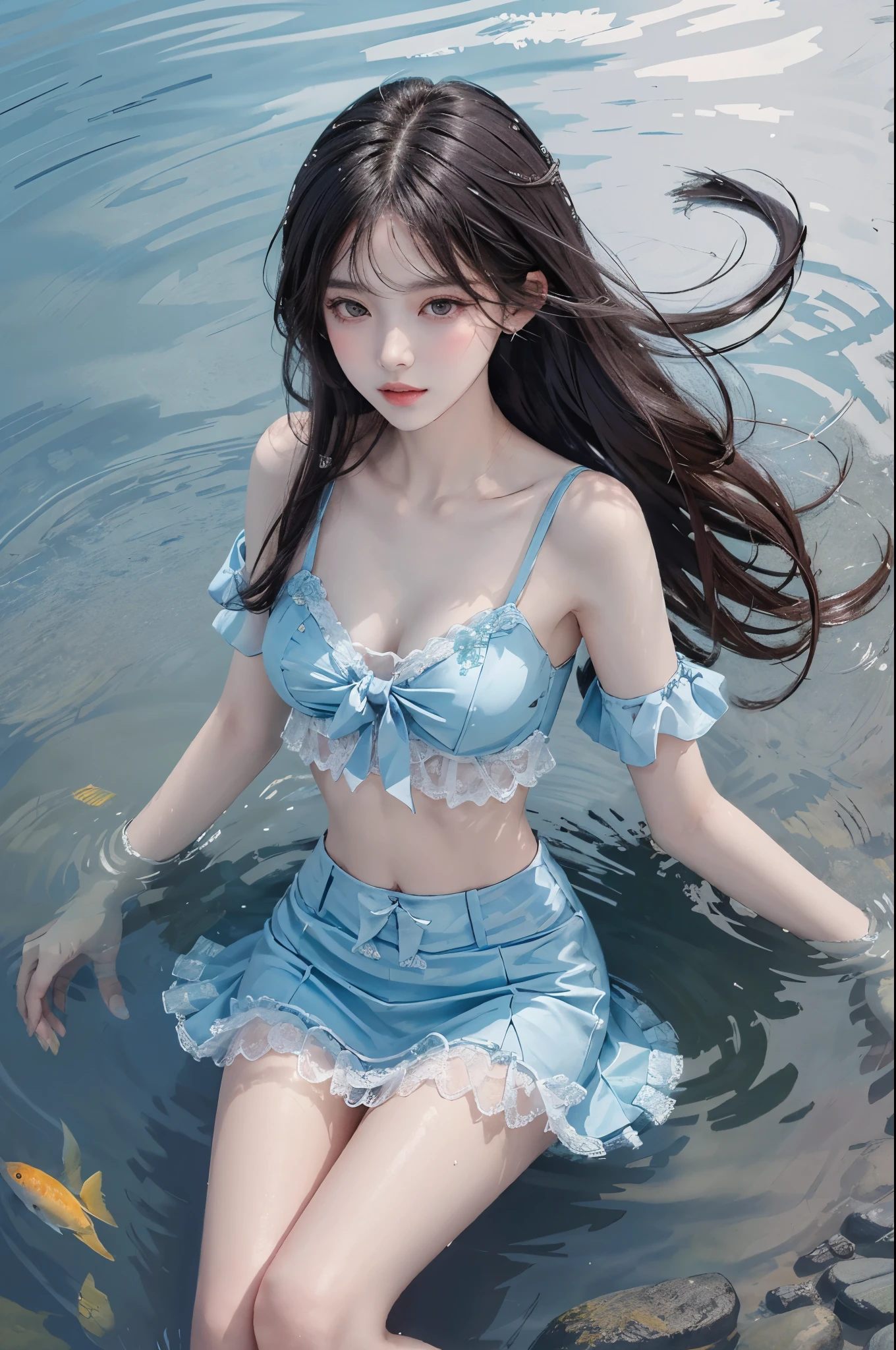 Special clothes44,lace trim,midriff,shirt,miniskirt, (knee shot) best quality，masterpiece，ultra high resolution，Clear face,（Realism：1.4），RAW photos，cold light，woman wearing transparent dress underwater，wallpaper anime blue water，Gurwitz-style artwork，Close-up fantasy of water magic，author：Yang Jie，Gurwitz，A beautiful artistic illustration，Water Nymphs，Beautiful digital artwork，Beautiful digital illustration，Li Song，A beautiful anime portrait，Bovo&#39;s art style