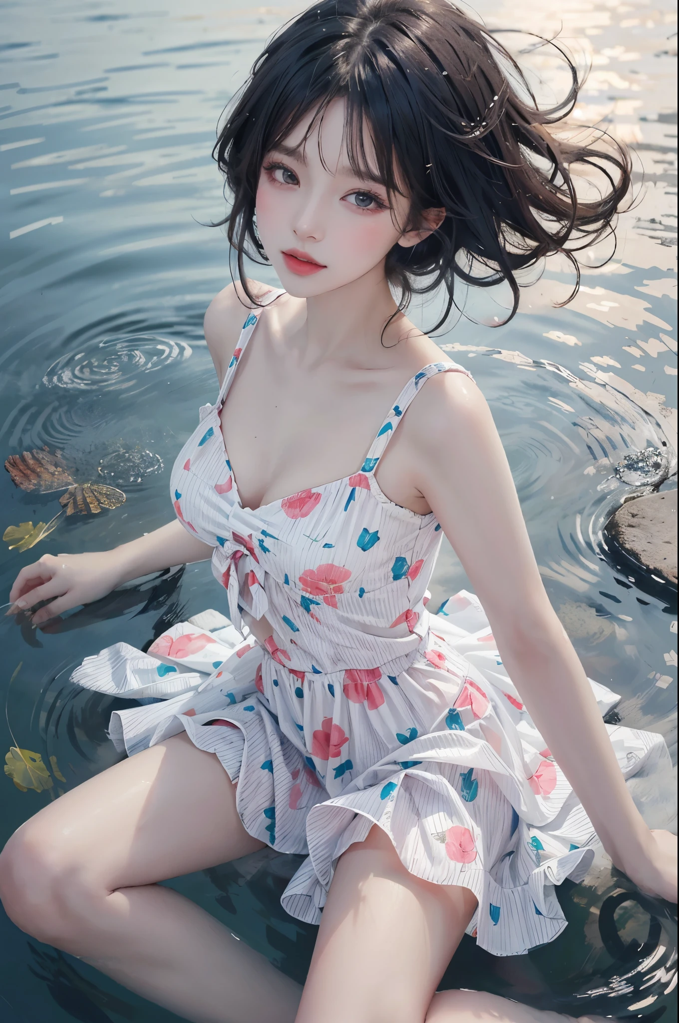 Sweet girl clothes6,print dress,, (knee shot) best quality，masterpiece，ultra high resolution，Clear face,（Realism：1.4），RAW photos，cold light，woman wearing transparent dress underwater，wallpaper anime blue water，Gurwitz-style artwork，Close-up fantasy of water magic，author：Yang Jie，Gurwitz，A beautiful artistic illustration，Water Nymphs，Beautiful digital artwork，Beautiful digital illustration，Li Song，A beautiful anime portrait，Bovo&#39;s art style