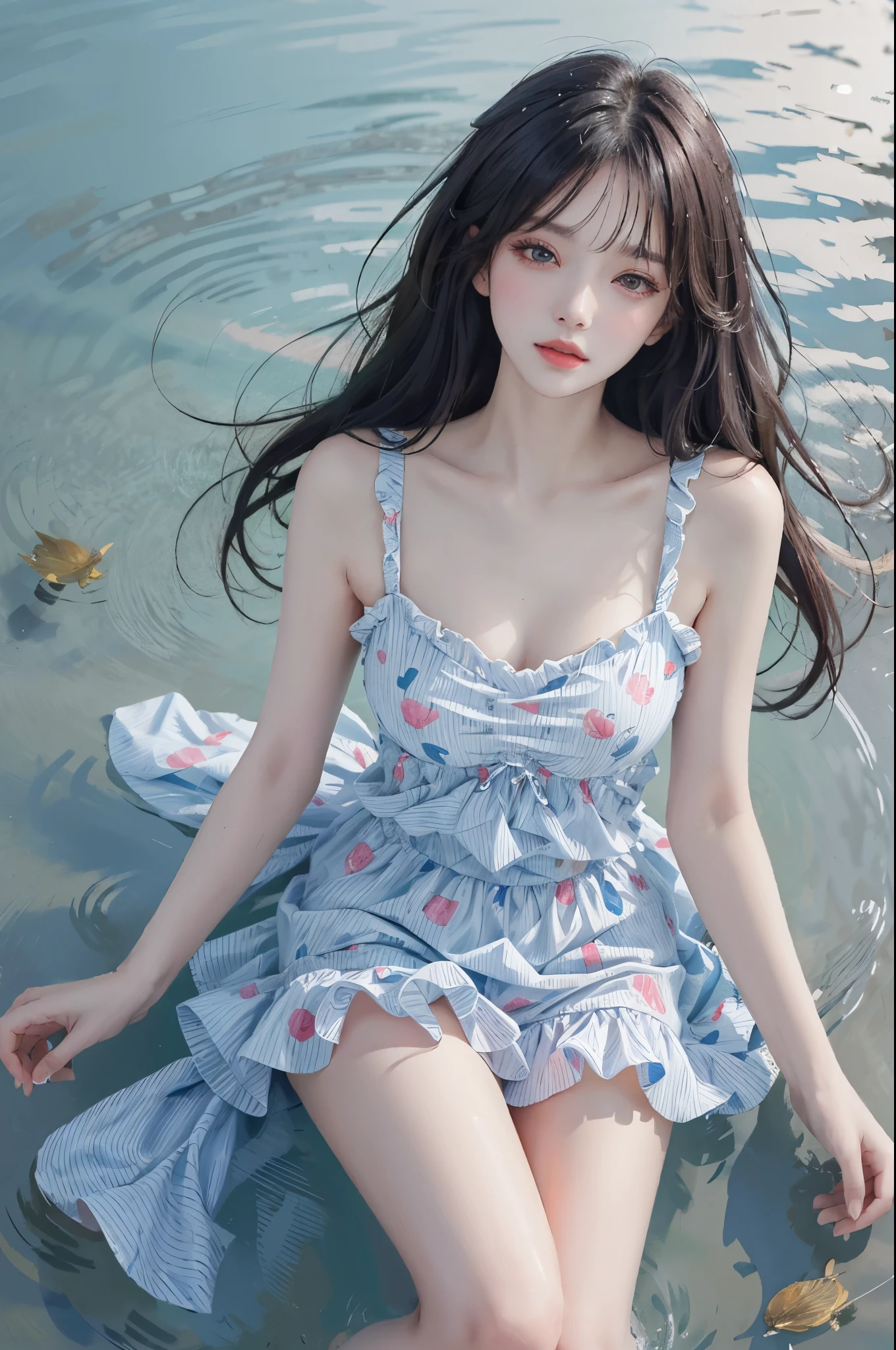 Sweet girl clothes6,print dress,, (knee shot) best quality，masterpiece，ultra high resolution，Clear face,（Realism：1.4），RAW photos，cold light，woman wearing transparent dress underwater，wallpaper anime blue water，Gurwitz-style artwork，Close-up fantasy of water magic，author：Yang Jie，Gurwitz，A beautiful artistic illustration，Water Nymphs，Beautiful digital artwork，Beautiful digital illustration，Li Song，A beautiful anime portrait，Bovo&#39;s art style