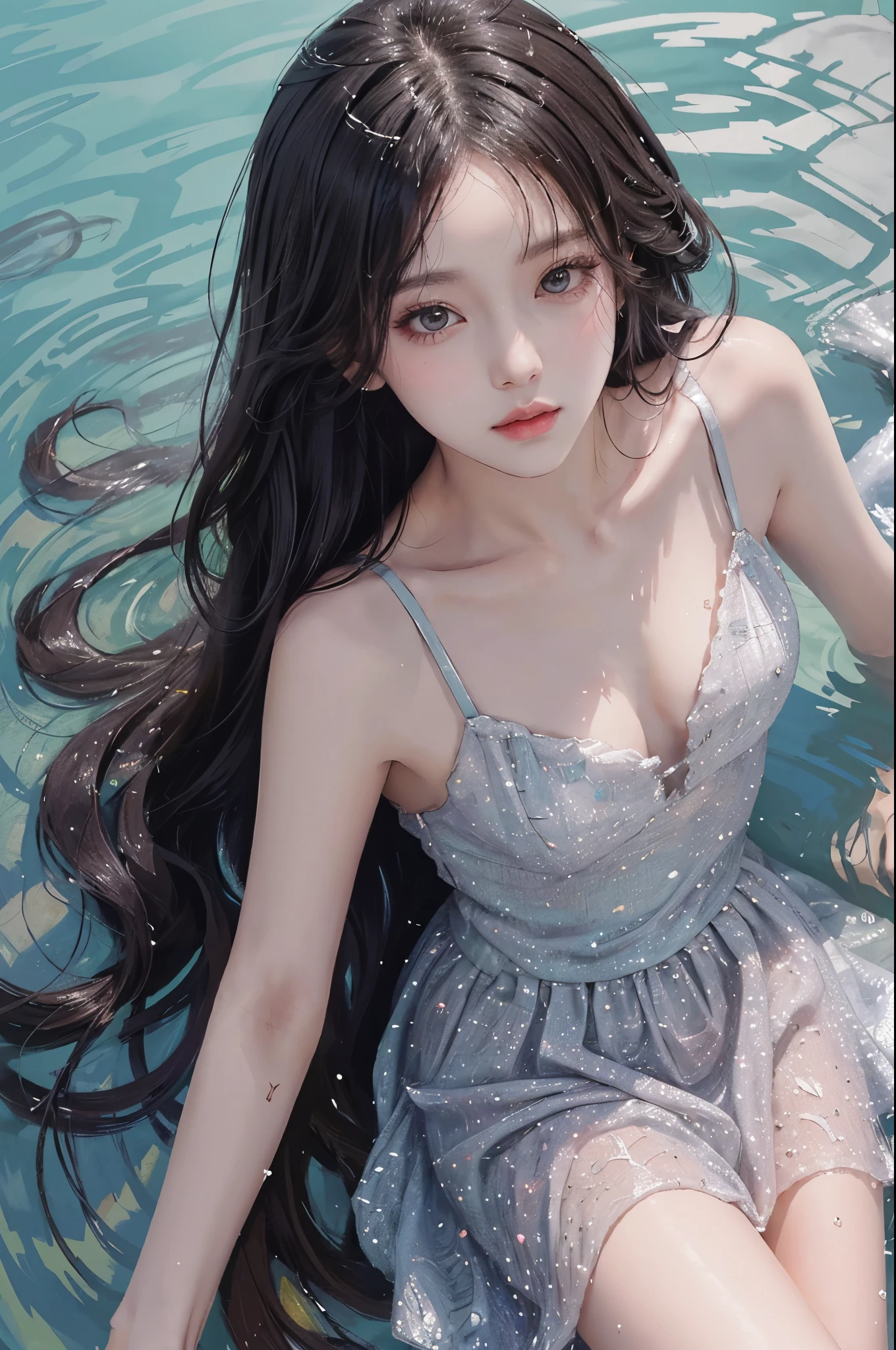 Special clothes47,jewelry,dress,, (knee shot) best quality，masterpiece，ultra high resolution，Clear face,（Realism：1.4），RAW photos，cold light，woman wearing transparent dress underwater，wallpaper anime blue water，Gurwitz-style artwork，Close-up fantasy of water magic，author：Yang Jie，Gurwitz，A beautiful artistic illustration，Water Nymphs，Beautiful digital artwork，Beautiful digital illustration，Li Song，A beautiful anime portrait，Bovo&#39;s art style