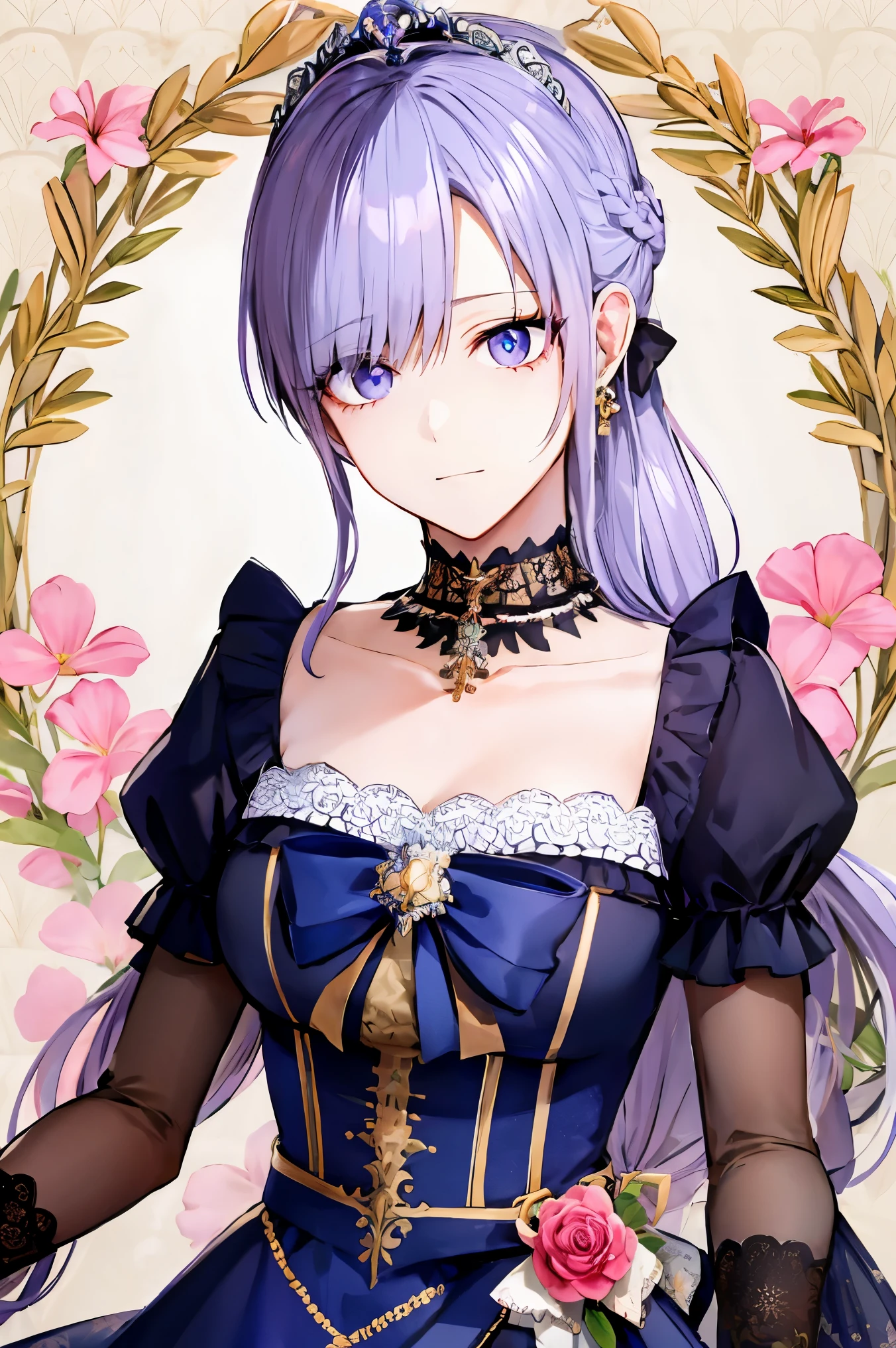 shoujo-style, jk style, (floral background), romance manhwa, (fiona), 1girl, solo, braid, flower, dress, tiara, white dress, gloves, long sleeves, choker, mascara, makeup, white gloves, black bow, black flower, bow, jewelry, looking at viewer, collarbone, puffy sleeves, silver accessories, upper body, bangs, blue dress, frills, closed mouth, detailed eyes, cowboy shot