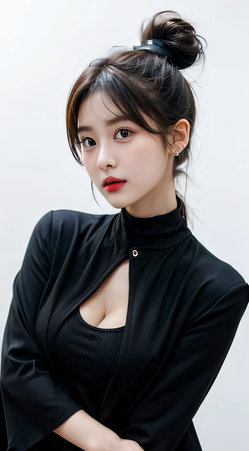 A slender woman, beautiful, amazing face and eyes, cosmetic, red glossy lips, (Extremely detailed beautiful face), (The sexiest look), (black suit jacket:1.2), (best quality), (super detailed), (Extremely detailed CG unified 8k wallpaper),original photo, Professional photography, (permanent), (pure white background:1.5),(model pose:1.2),(Black ponytail hairstyle:1.2),Photo above the thigh,Show forehead,,(Exposing cleavage),The top is tight,((studio lights:1.5)),(big eyes),(boobgasm),high nose,(Front fill light 1.5),(The color is very uniform)