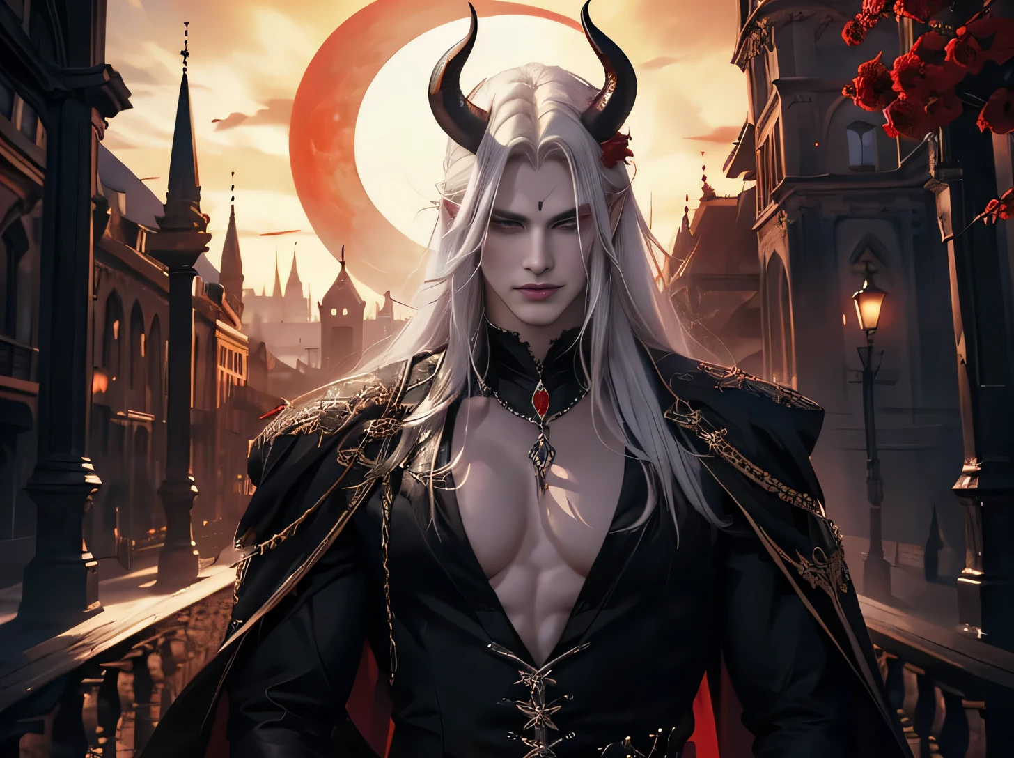 ((Best quality)), ((masterpiece)), (detailed), ((perfect face)), ((halfbody)) perfect proporcions, He is a handsome demon king, 18 years old, long white hair, long white hair, he has big black horns and pointed ears, white skin, he wears black horn, bare chest, he wears golden bracelets, he has an elegant demeanor, he wears gothic makeup on his face , He walks outside with an elegant bearing, behind him there is a Gothic cathedral, leafless trees, a red moon, and red roses around him. ((perfect face))