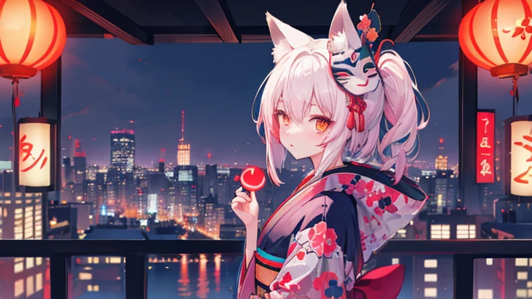 Night city kimono a girl fox mask neon distant view 