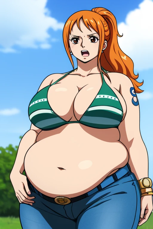 Nami from One Piece, long orange ponytail hair, happy expression, blushing cheeks, ((( massive plump belly))), thick plump thighs, naval , The art style should resemble a captivating anime style. The character is , adult woman, wavy wide streaked bangs, floating bang streaks, (big cheeks), bare shoulders, off-shoulders, belt, bikini, bikini top only, blue sky, bracelet, springy breasts, breast lines, big round eyes, plain big brown shiny eyes, bubbles, high eye position, cleavage, cloud, day, denim, earrings, floating hair, shiny hair, green belt, green bikini, bold groin lines, jeans, jewelry, large breasts, log pose, long hair, looking at viewer, navel, wet hair, orange hair, pants, shoulder tattoo, sidelocks, sky, solo, standing, swimsuit, tattoo , looking at viewer, open mouth, detailed left arm, big forehead, small head, wide hair,

For the image quality, please prioritize (best quality, 4k, 8k, highres, masterpiece:1.2), ultra-detailed, and (realistic, photorealistic, photo-realistic:1.37) rendering. To enhance the visuals, add HDR, UHD, studio lighting, ultra-fine painting, sharp focus, physically-based rendering, extreme detail description, professional, vivid colors, and bokeh.
