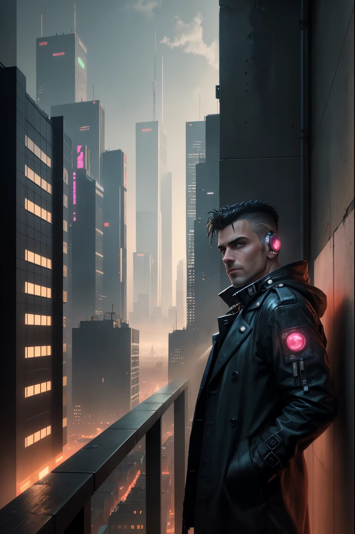 A man, cyberpunk, 45 years old, brown eyes, black hair, shaved on the sides, combed back, unshaven, wearing a dark trench coat with the collars turned up. Hands in his pockets, He is on top of a building watching the skyline at night of the cyberpunk city below in the background. He is leaning against the parapet of a building, Background futuristic cyberpunk make it realistic, Blade Runner, A super technological city with tall buildings, Buildings illuminated with colored lights, fundo escuro,8k, ultra hd