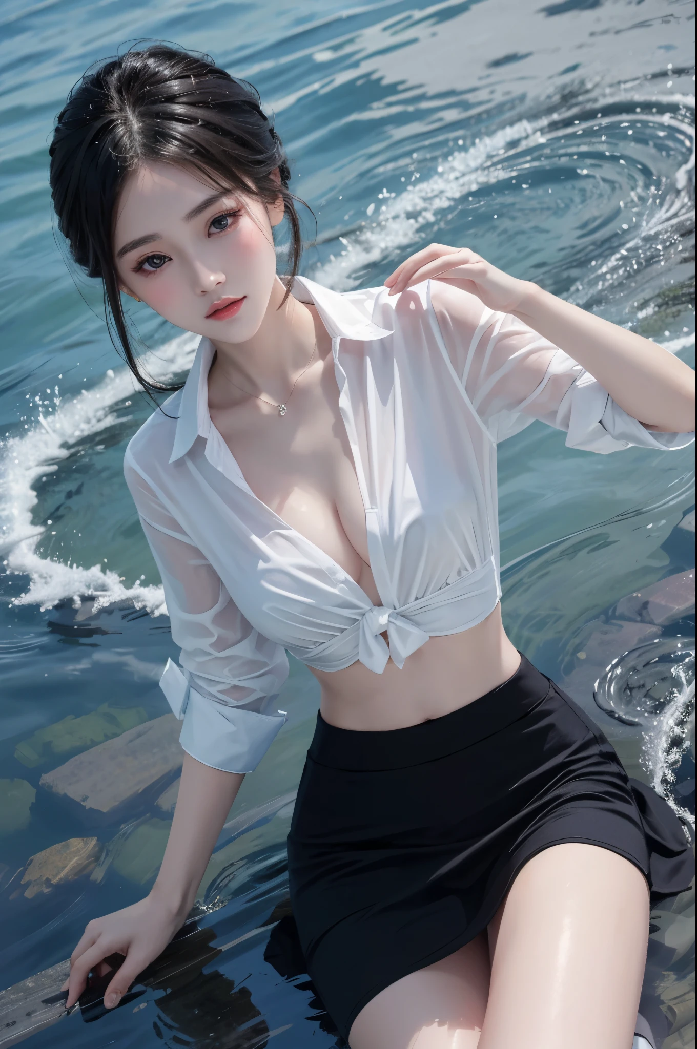 blouse,mini skirt, mini shirt,navel,  (knee shot) best quality，masterpiece，ultra high resolution，Clear face,（Realism：1.4），RAW photos，cold light，woman wearing transparent dress underwater，wallpaper anime blue water，Gurwitz-style artwork，Close-up fantasy of water magic，author：Yang Jie，Gurwitz，A beautiful artistic illustration，Water Nymphs，Beautiful digital artwork，Beautiful digital illustration，Li Song，A beautiful anime portrait，Bovo&#39;s art style