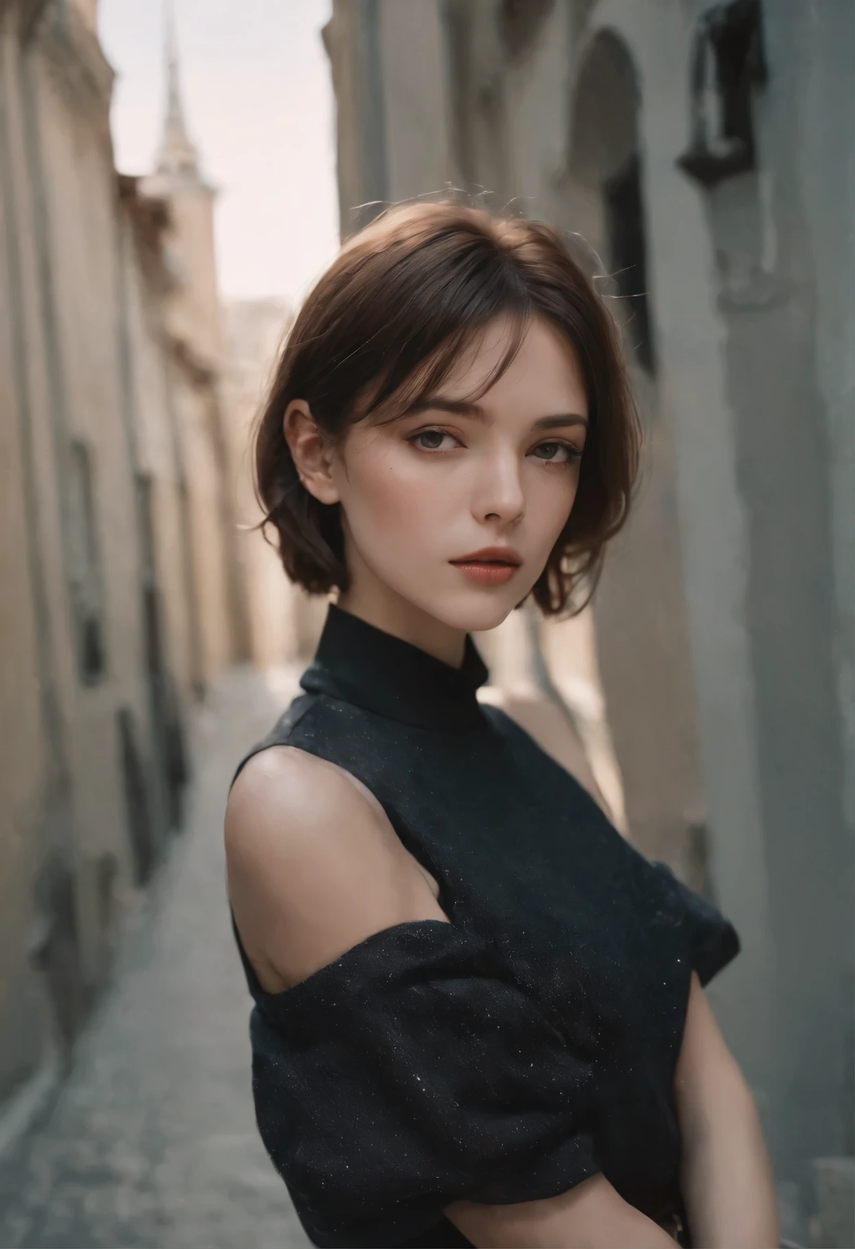 analogue photography, Grain Film, Vintage photo, portra 400, The Flash, Lo-Fi aesthetics:: The woman, She is wearing a black shirt, A pensive look with very short brown hair, light beam, beautiody, Hot, black panties, Sexy, Wet, Lying in the center of the city-tower, The city is created, Amazing light, zoom out.