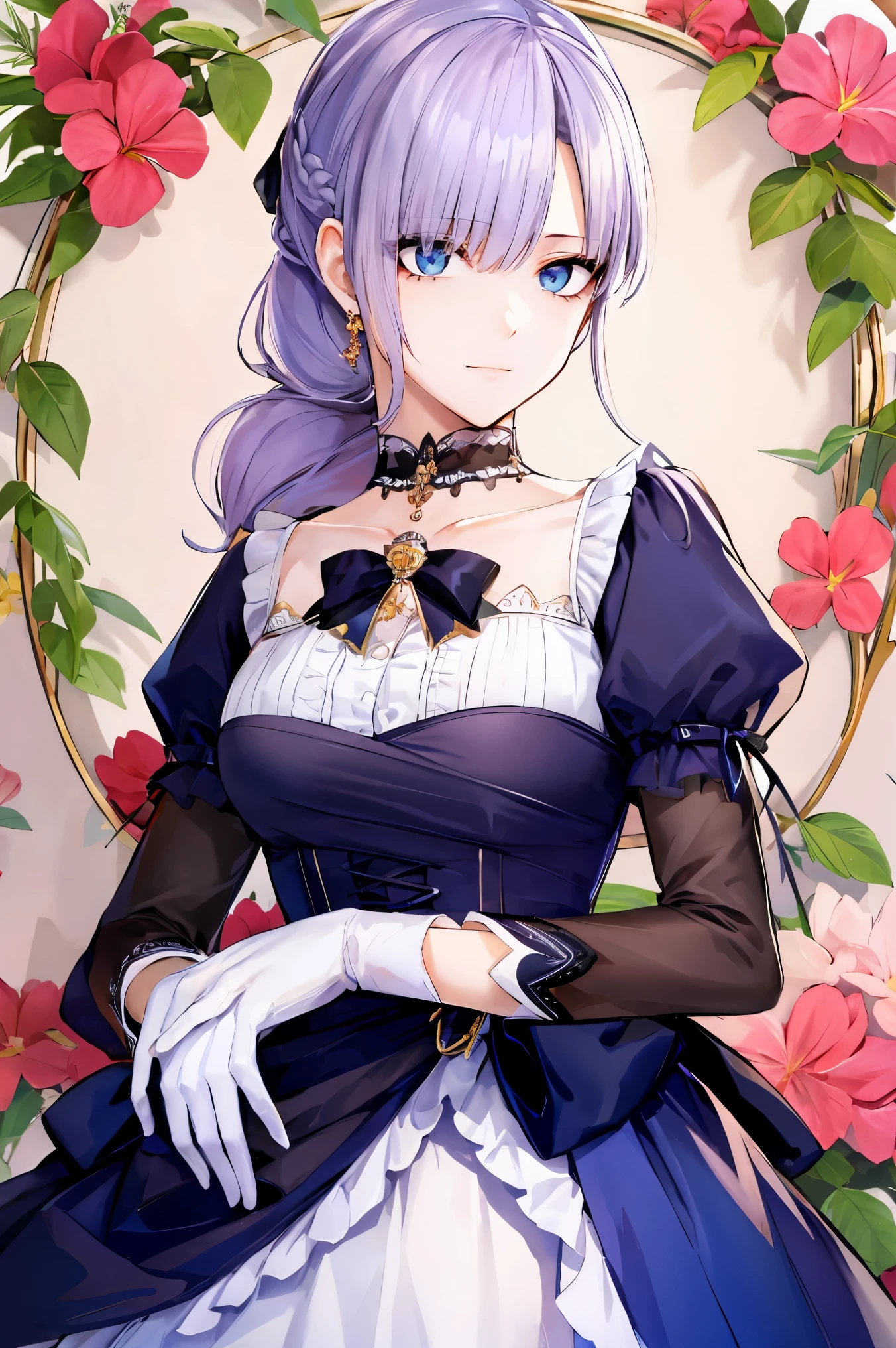 shoujo-style, jk style, (floral background), romance manhwa, (fiona), 1girl, solo, braid, flower, dress, tiara, white dress, gloves, long sleeves, choker, mascara, makeup, white gloves, black bow, black flower, bow, jewelry, looking at viewer, collarbone, puffy sleeves, silver accessories, upper body, bangs, blue dress, frills, closed mouth, detailed eyes, cowboy shot