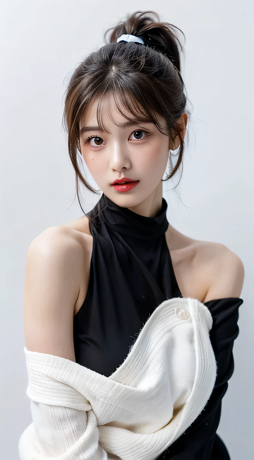 A slender woman, beautiful, amazing face and eyes, cosmetic, red glossy lips, (Extremely detailed beautiful face), (The sexiest look), (black suit), (best quality), (super detailed), (Extremely detailed CG unified 8k wallpaper),original photo, Professional photography, (permanent), (pure white background:1.5),(model pose:1.2),(Black ponytail hairstyle:1.2),Photo above the thigh,Show forehead,,(Exposing cleavage),The top is tight,((studio lights:1.5)),(big eyes),(boobgasm)
