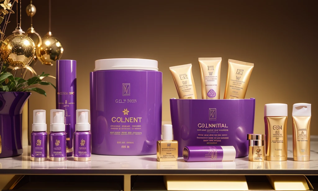cosmetic packaging design in golden and purple color