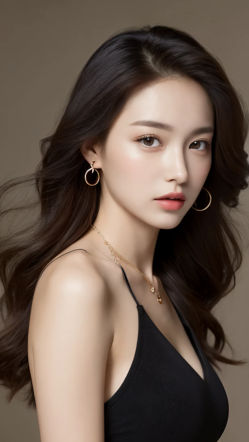 masterpiece, best picture quality,（looks real， high - resolution：1.3）， 1 girl with a perfect body， Super fine face and eyes，long hair，black dress ：1.2， short jeans， perfect boob, necklace, earring, textured skin, real skin