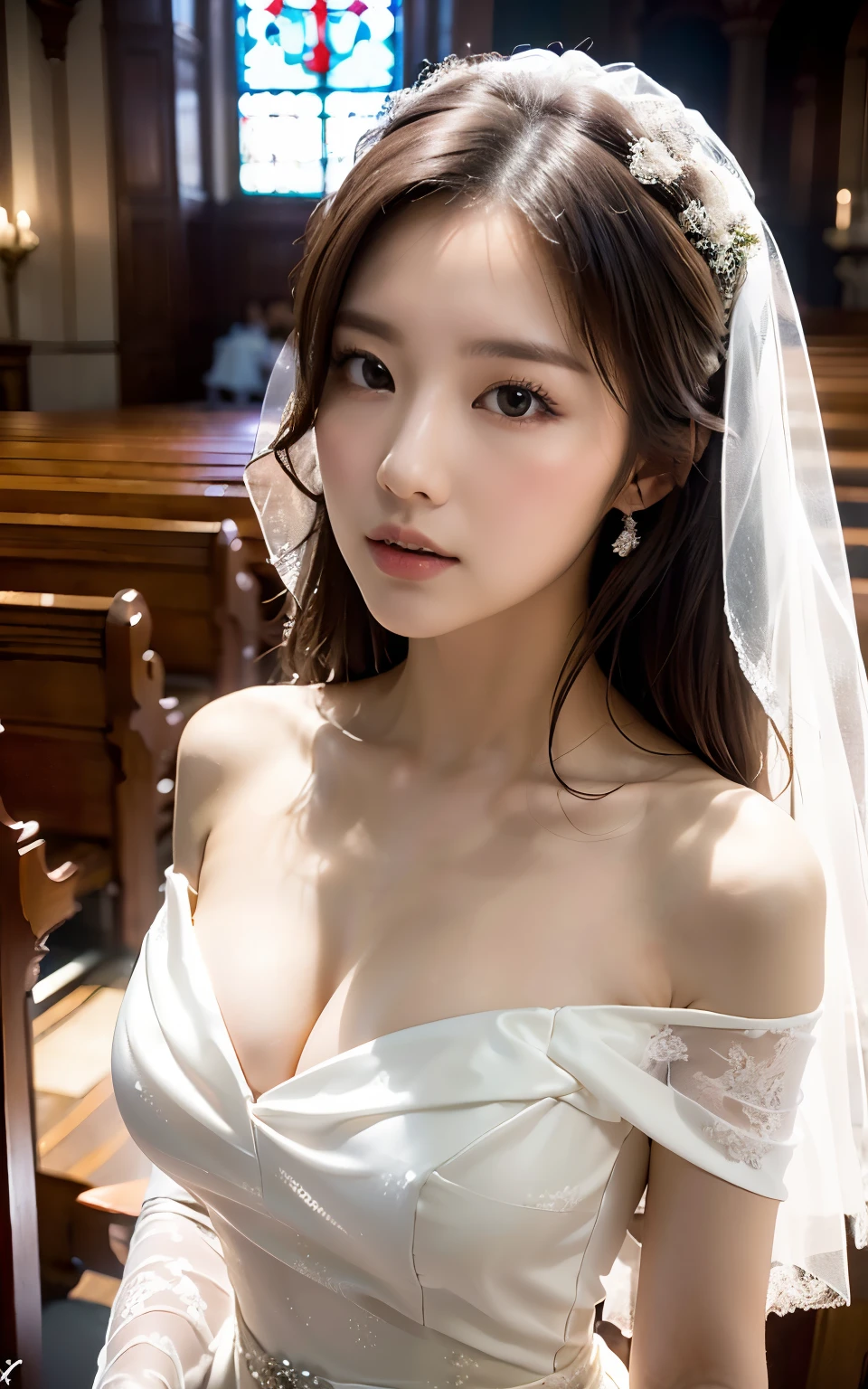 (Best quality, 8k, 32k, Masterpiece, UHD:1.2),Photo of Pretty Japanese woman,1girl,(medium-short dark brown hair),double eyelid,(large breasts:1.2),sexy,((in the church)),((wedding dress, wedding veil),off shoulder,(deep slit:1.2),(sidemile:1.1),overhead shot