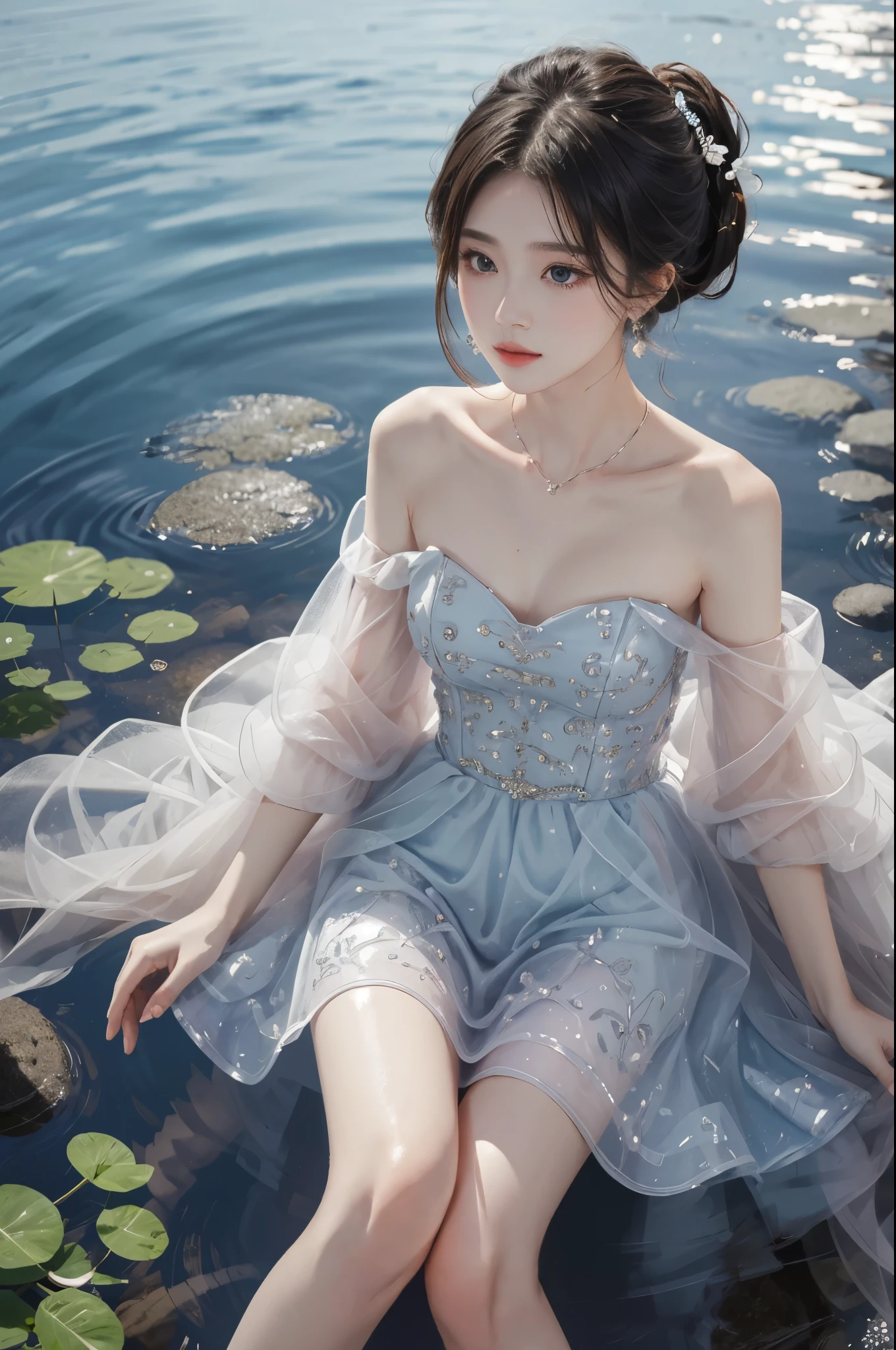 dress,  (knee shot) best quality，masterpiece，ultra high resolution，Clear face,（Realism：1.4），RAW photos，cold light，woman wearing transparent dress underwater，wallpaper anime blue water，Gurwitz-style artwork，Close-up fantasy of water magic，author：Yang Jie，Gurwitz，A beautiful artistic illustration，Water Nymphs，Beautiful digital artwork，Beautiful digital illustration，Li Song，A beautiful anime portrait，Bovo&#39;s art style