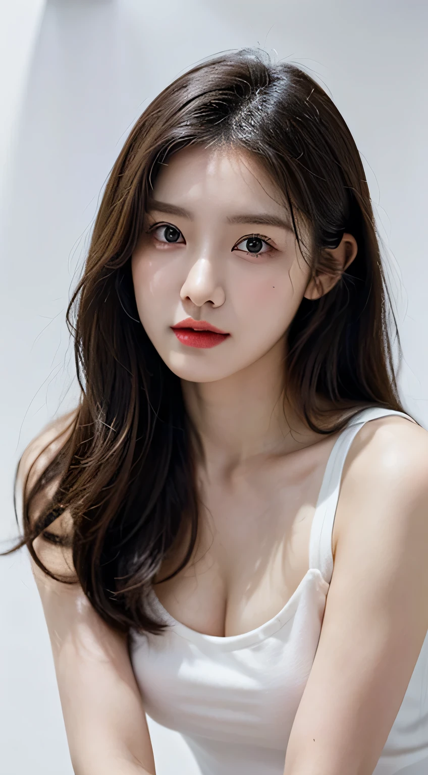 A slender woman, beautiful, amazing face and eyes, cosmetic, red glossy lips, (Extremely detailed beautiful face), (The sexiest look), (white top), (best quality), (super detailed), (Extremely detailed CG unified 8k wallpaper),original photo, Professional photography, (permanent), (pure white background:1.5),(model pose),((Long black hair parted in the middle)),Photo above the thigh,Show forehead,,(Reveal a little cleavage),The top is tight,((studio lights:1.5))