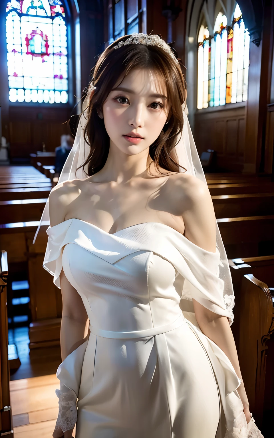 (Best quality, 8k, 32k, Masterpiece, UHD:1.2),Photo of Pretty Japanese woman,1girl,(medium-short dark brown hair),double eyelid,(large breasts:1.2),sexy,((in the church)),((wedding dress, wedding veil),off shoulder,(deep slit:1.2),(sidemile:1.1),overhead shot