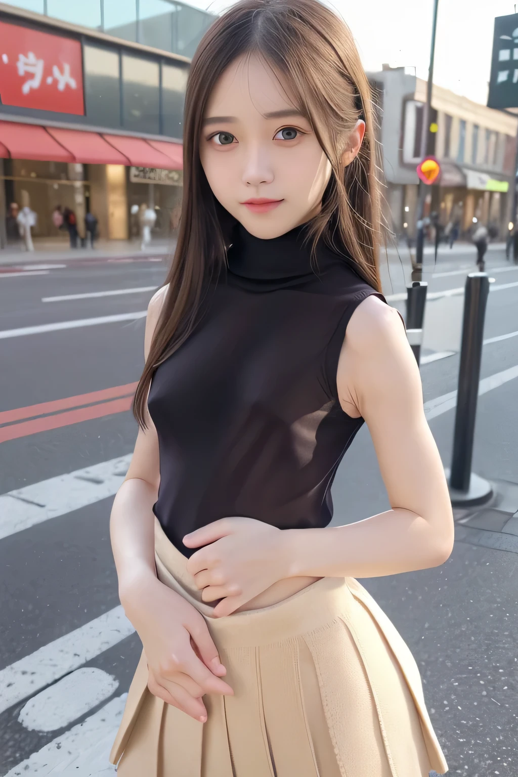 pieces fly、masterpiece、highest quality、Super detailed、High resolution、High resolution、8K portrait、unity 8k wallpaper、Detailed CG、unity 8k wallpaper、Detailed CGユニティ8kの壁紙、realistic、real person、portrait photography、shiny skin、(20-year-old:1.2)、(cute:1.2)、High resolution、beautiful clear eyes、very detailed explanation、delicate face、cute face、nice lips、thin waist、thin legs、(small face:1.6)、1 girl、(Shopping mall:1.2)、((flat chest:1.8))、(Sleeveless turtleneck knit:1.6)、(pleated skirt:1.3)、(Braless nipples:1.8)、(big smile:1.3)、(stop temporarily:1.2)、(small breasts:1.8)、(eight-headed body:1.6)